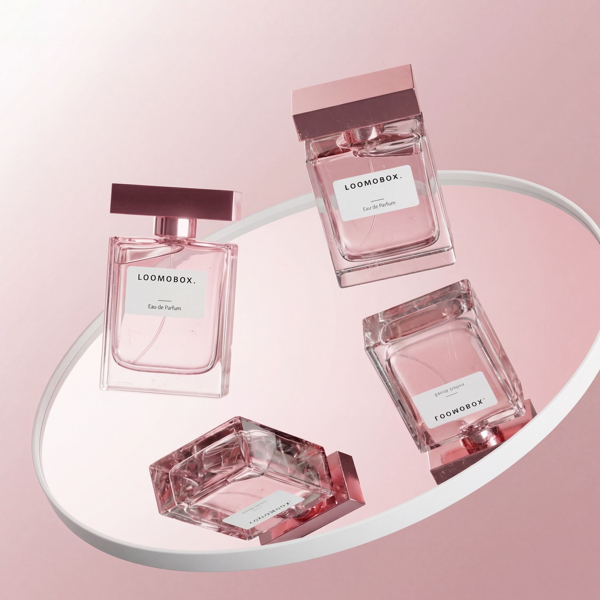 Four pink eau de parfum bottles arranged on a round mirror against rosy backdrop — perfume still life created with loomobox