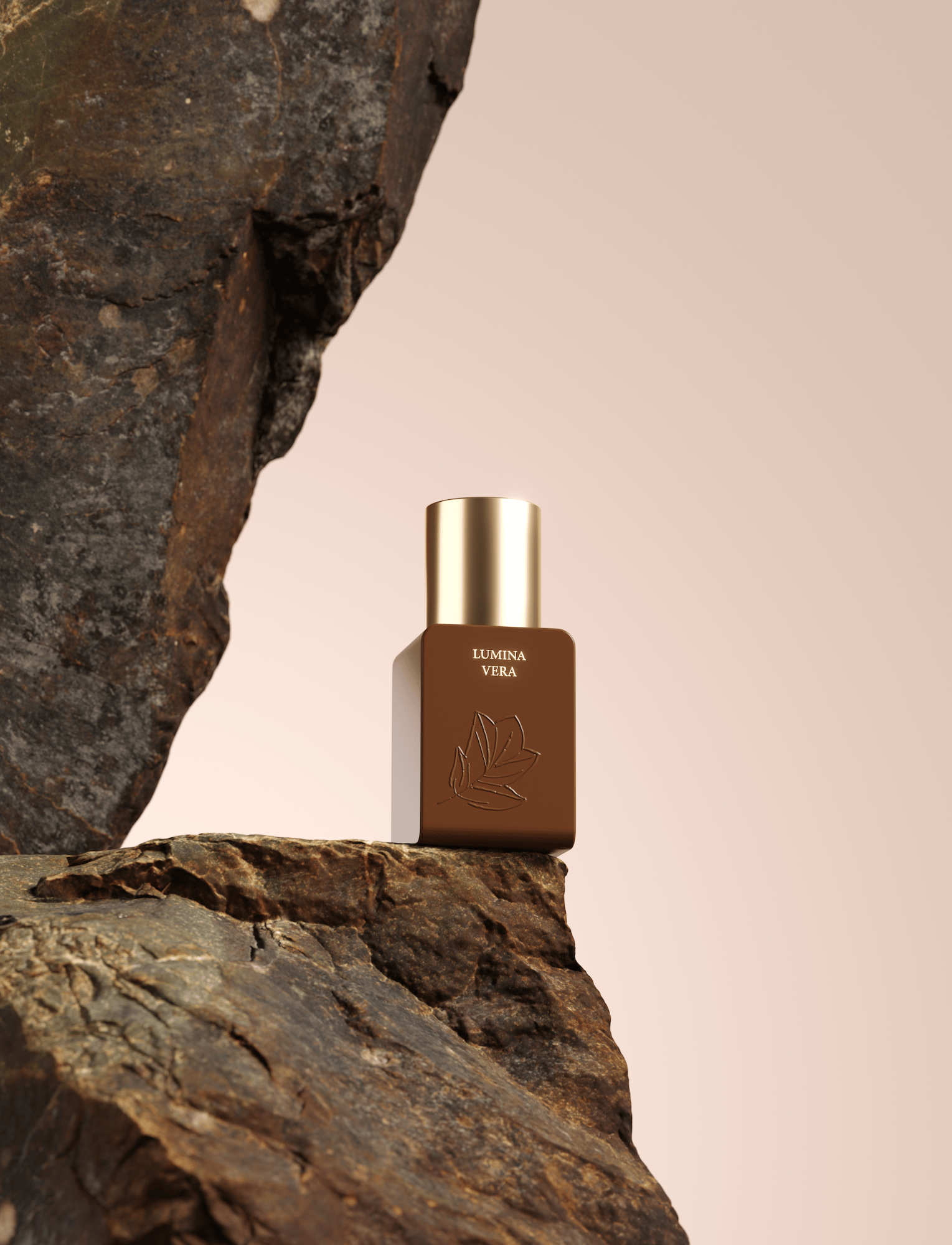 Lumina Vera amber perfume flacon with gold cap nestled between rugged rocks, AI-generated product shot by loomobox