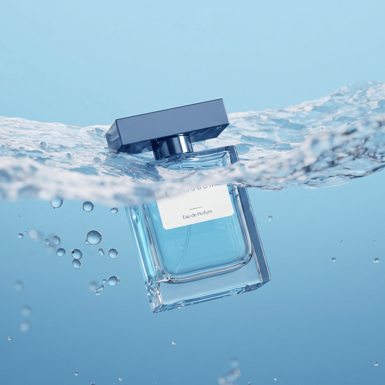 Blue eau de parfum bottle half submerged in clear splashing water — fresh aquatic fragrance visual rendered with loomobox