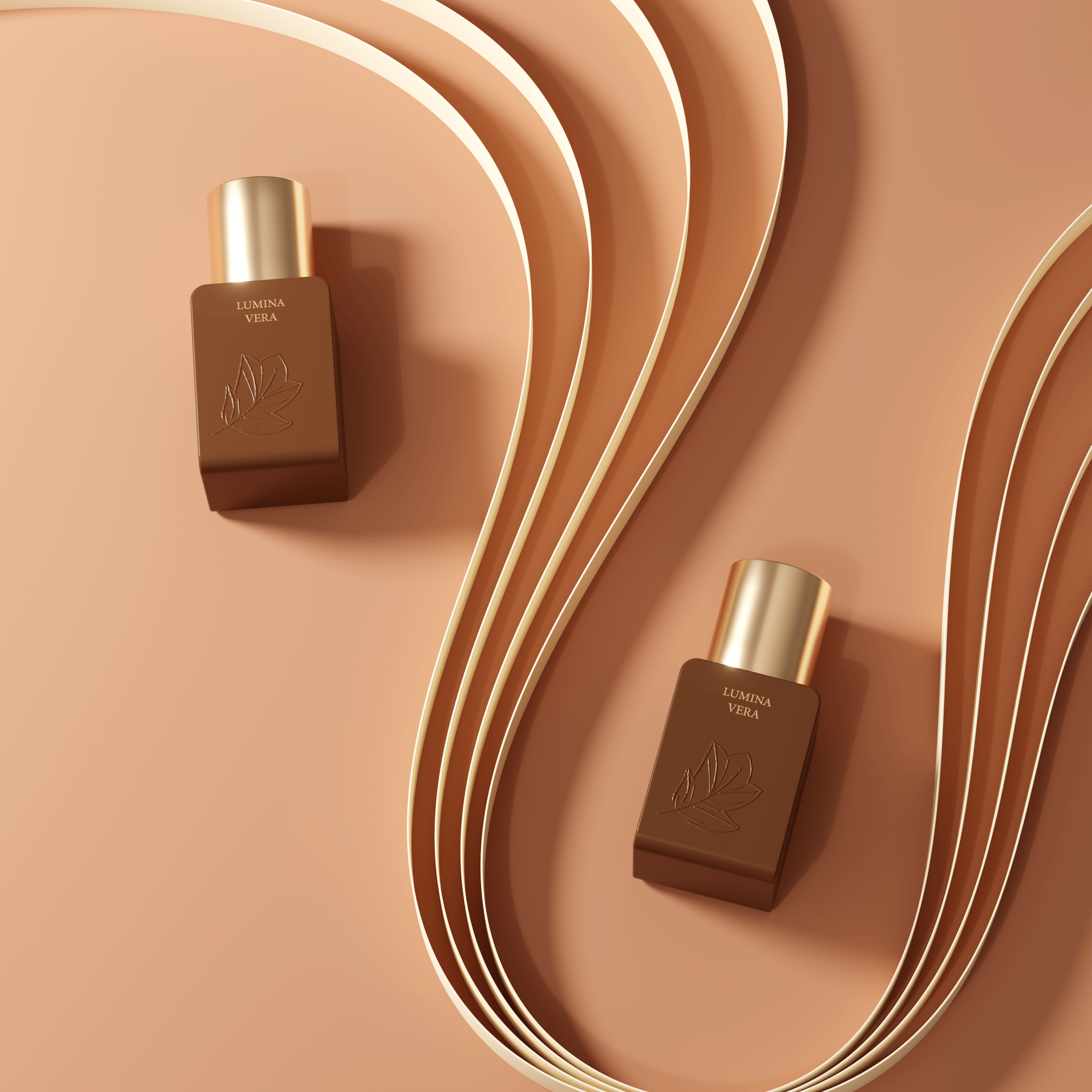 Two Lumina Vera perfume bottles with gold caps on terracotta backdrop with flowing ribbons — 3D scene from loomobox