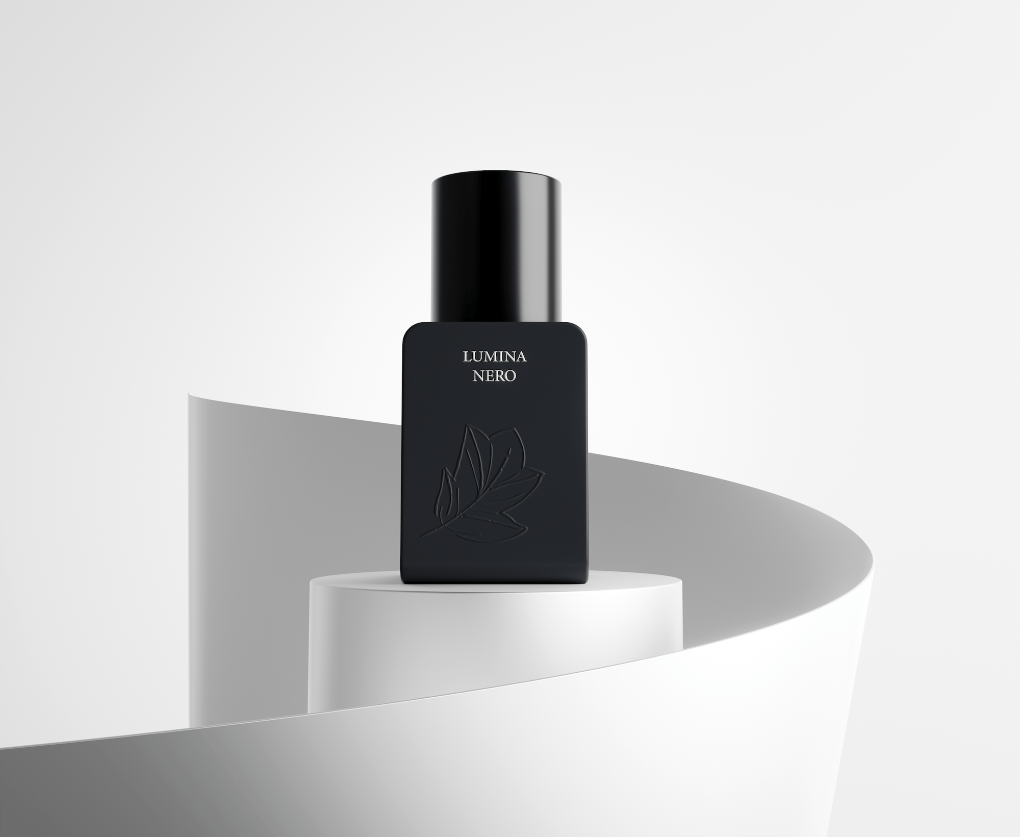 Matte black Lumina Nero perfume bottle with embossed leaf on a white pedestal amid curved paper — rendered with loomobox