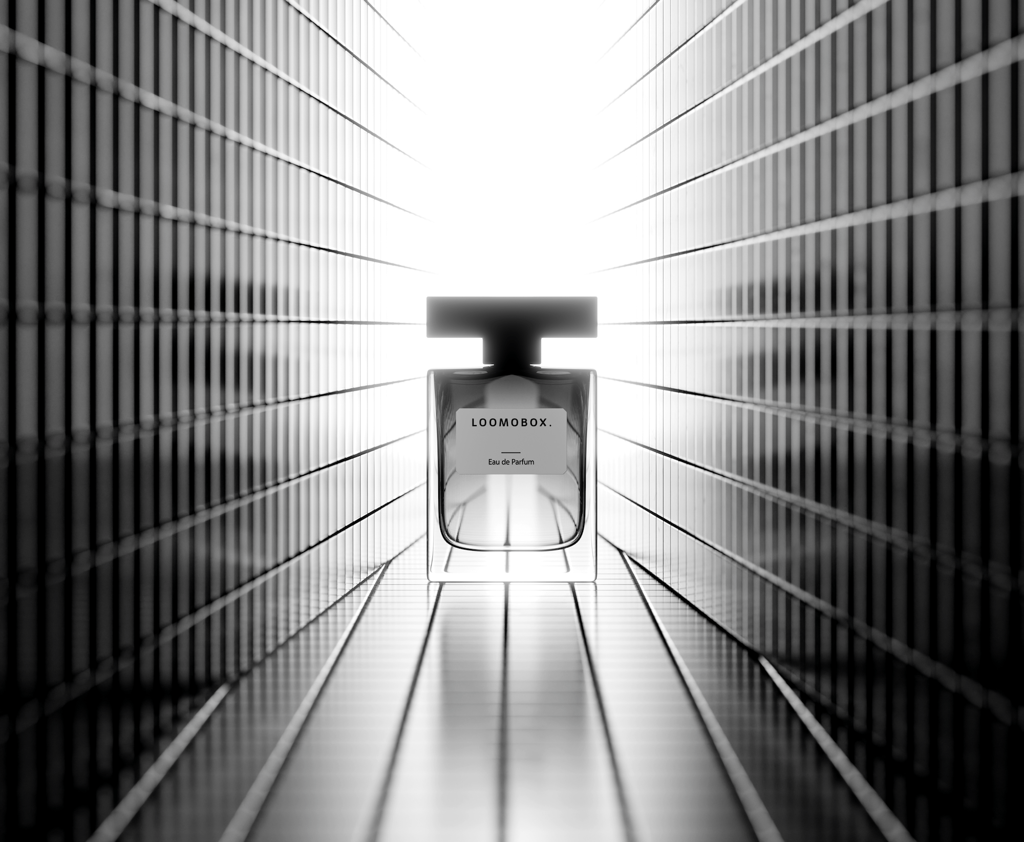 Eau de parfum bottle backlit in a dramatic metallic tunnel of light — high-contrast fragrance visual, AI-generated by loomobox