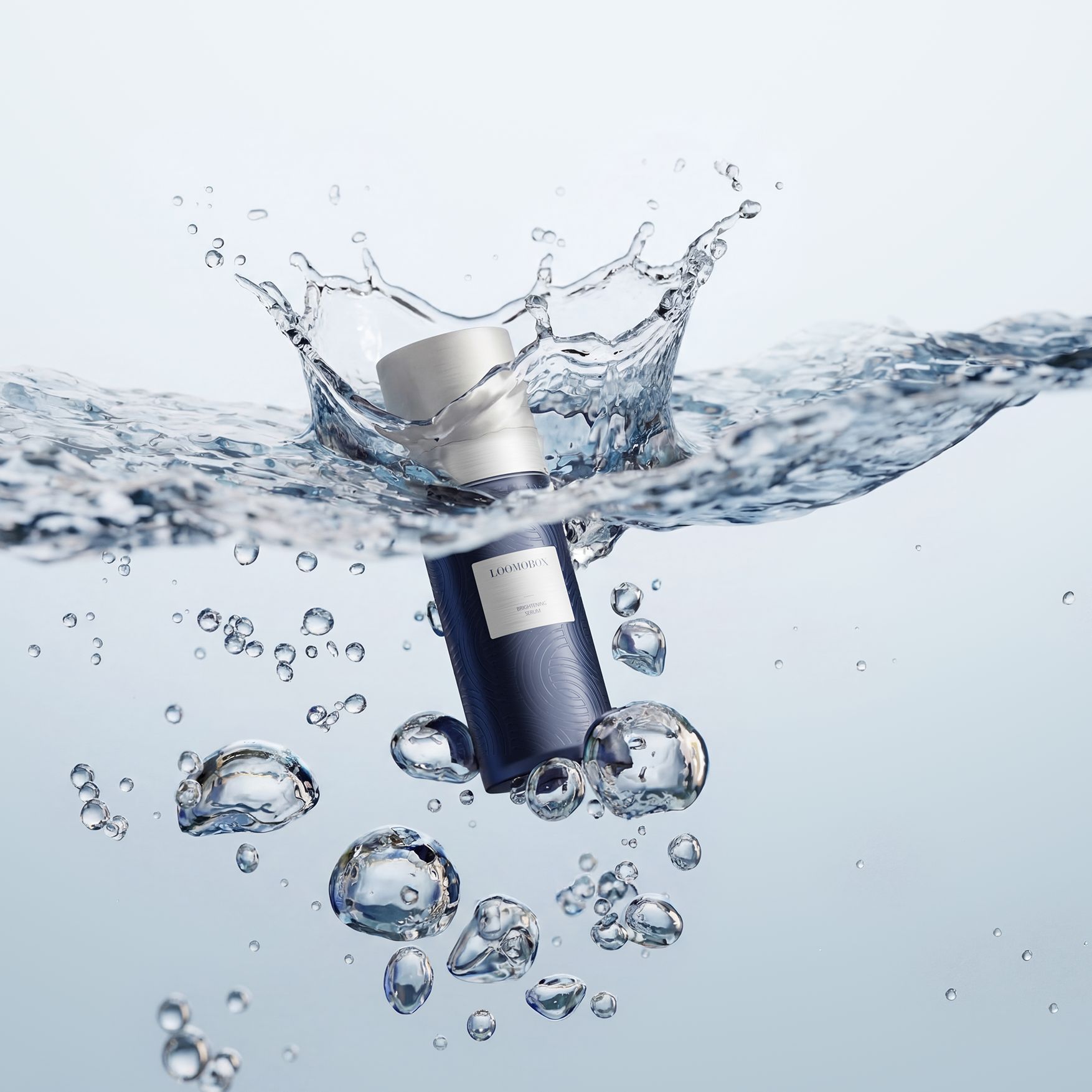 Navy skincare bottle plunging into clear water with splash and air bubbles, AI-generated product photography by loomobox
