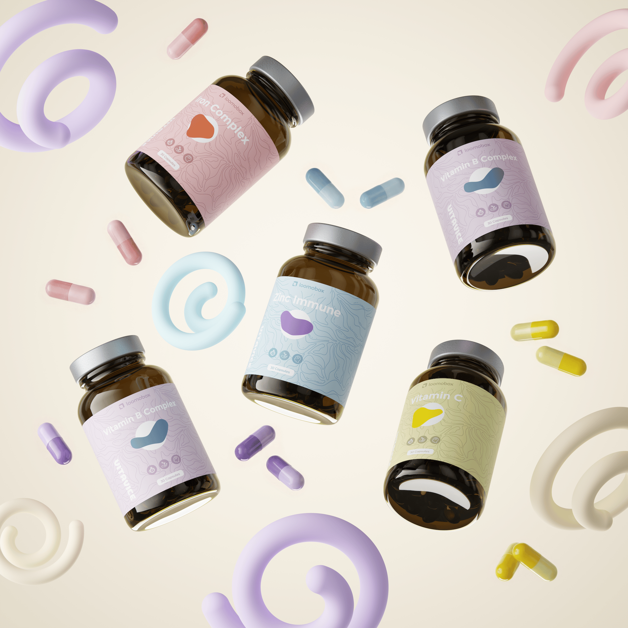 Amber supplement jars with pastel vitamin labels floating among colorful capsules, AI-generated product scene by loomobox