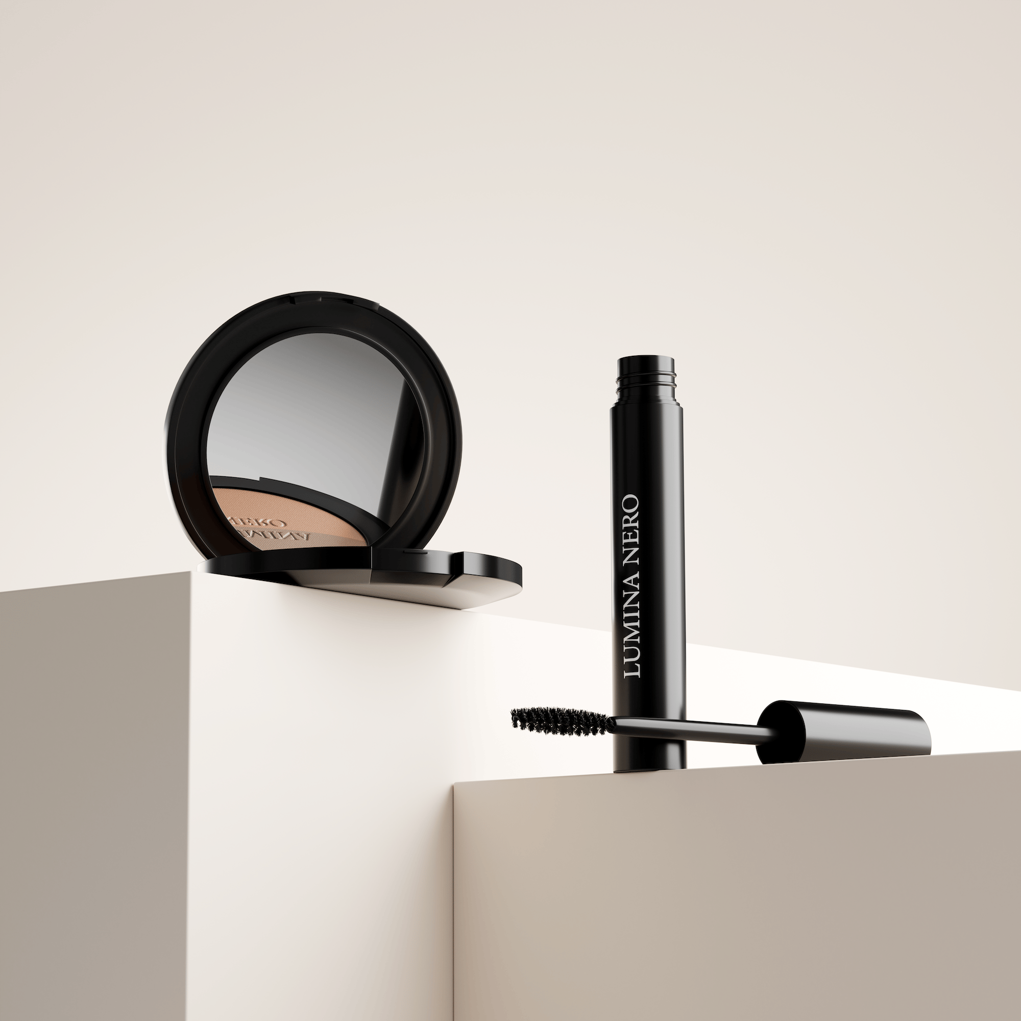 Black compact powder with mirror and Lumina Nero mascara staged on cream pedestals, 3D cosmetics render created with loomobox