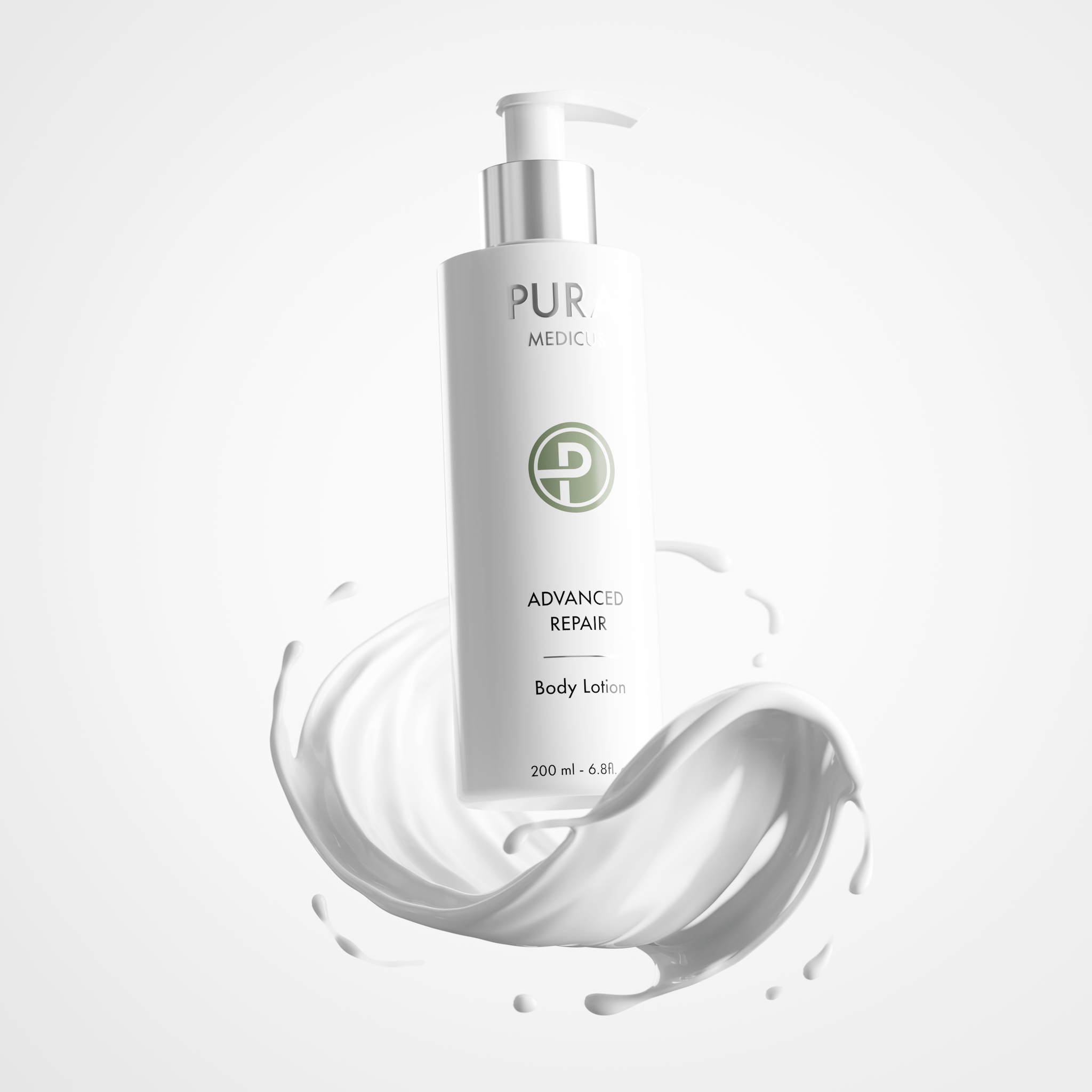 PURA Medicus Advanced Repair body lotion pump bottle with a swirling cream splash — AI-generated with loomobox