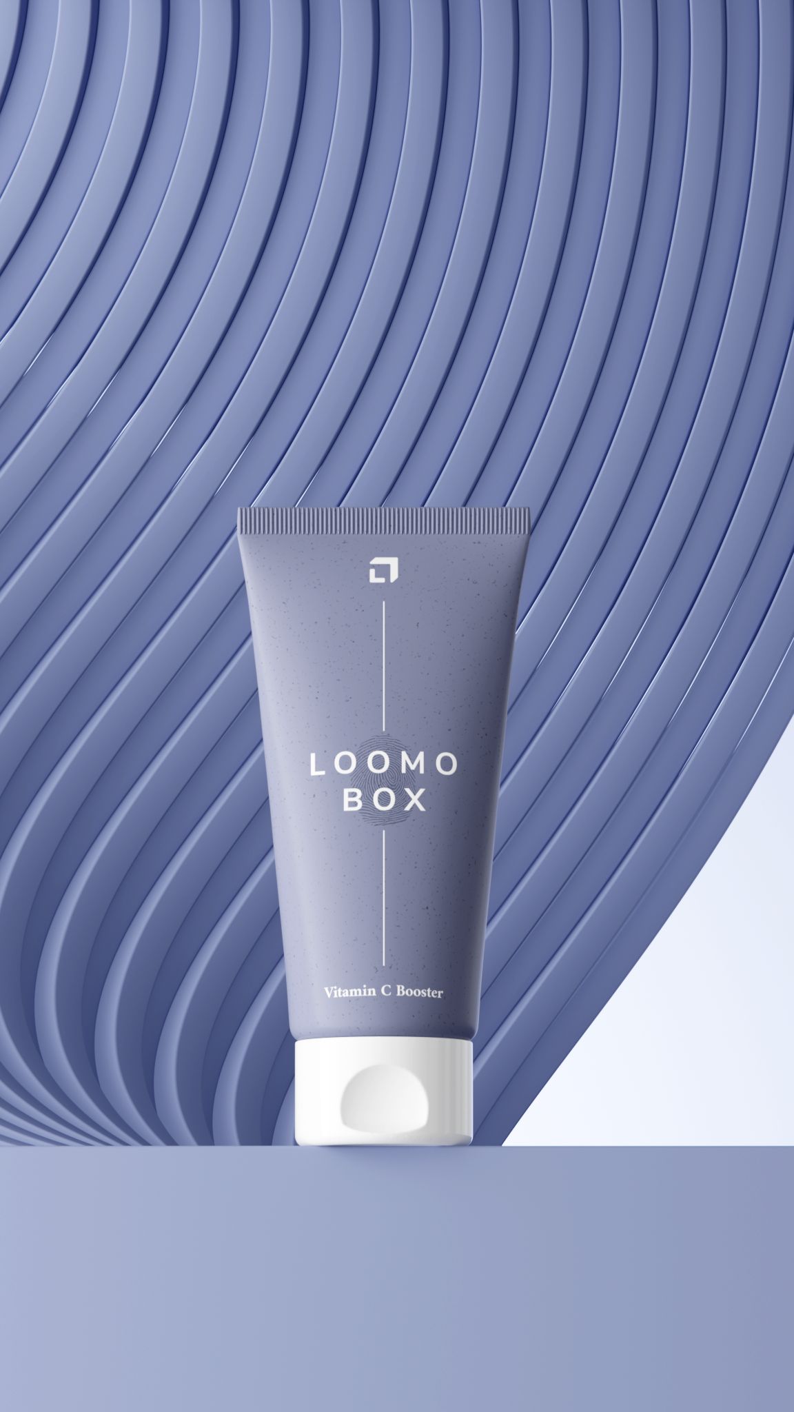 loomobox Vitamin C Booster tube in front of a sculptural wave backdrop in blue-grey, skincare scene rendered with loomobox