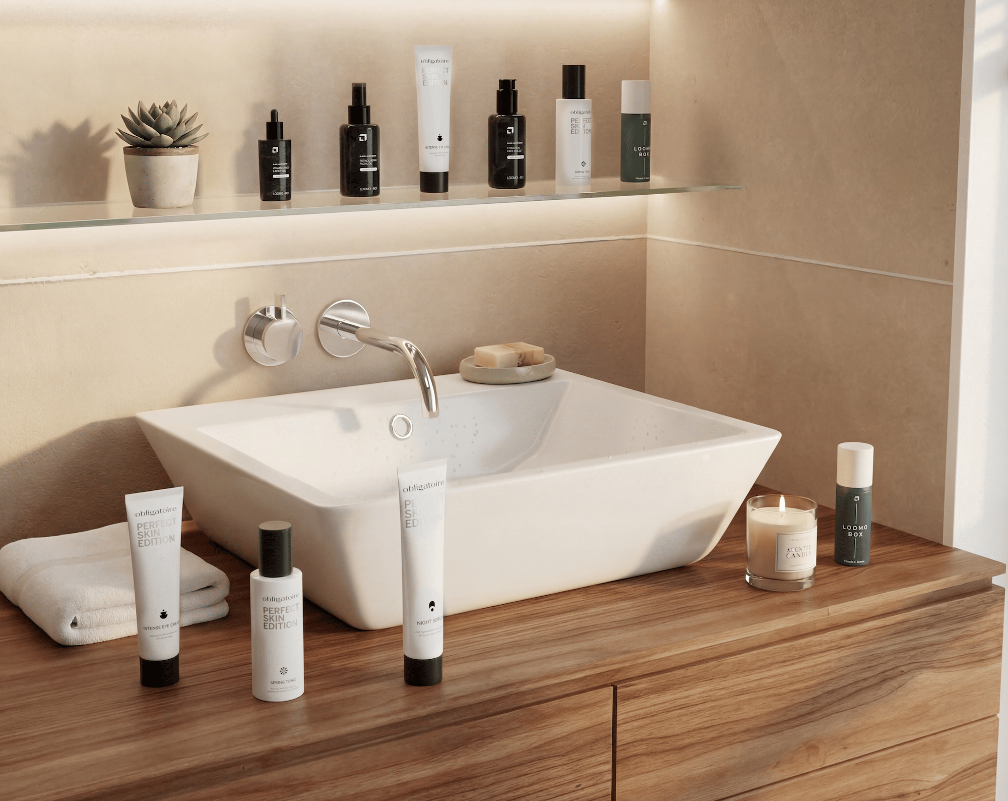 Skincare products arranged around a white basin on a wooden vanity in a warm bathroom, lifestyle scene rendered with loomobox