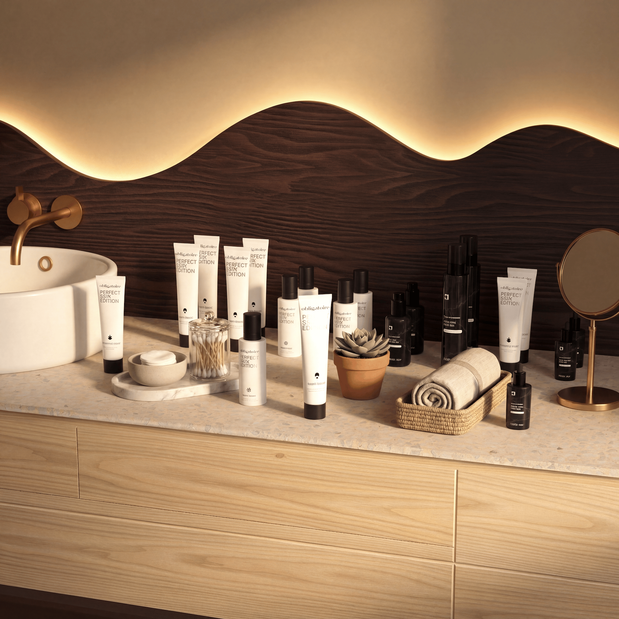Skincare tubes and serums styled on a bathroom vanity with brass tap and backlit wood panel — 3D scene rendered with loomobox