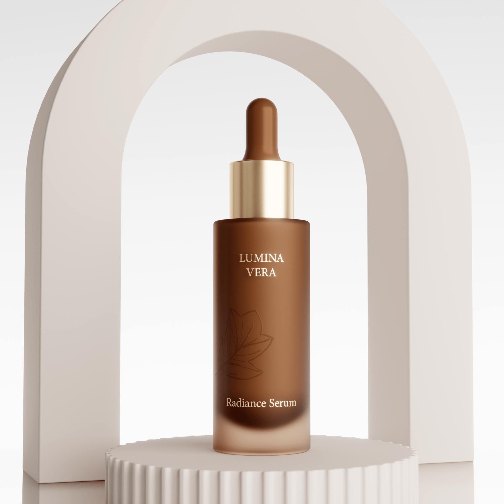 Lumina Vera radiance serum in an amber dropper bottle on a fluted podium under a cream arch — studio scene by loomobox AI