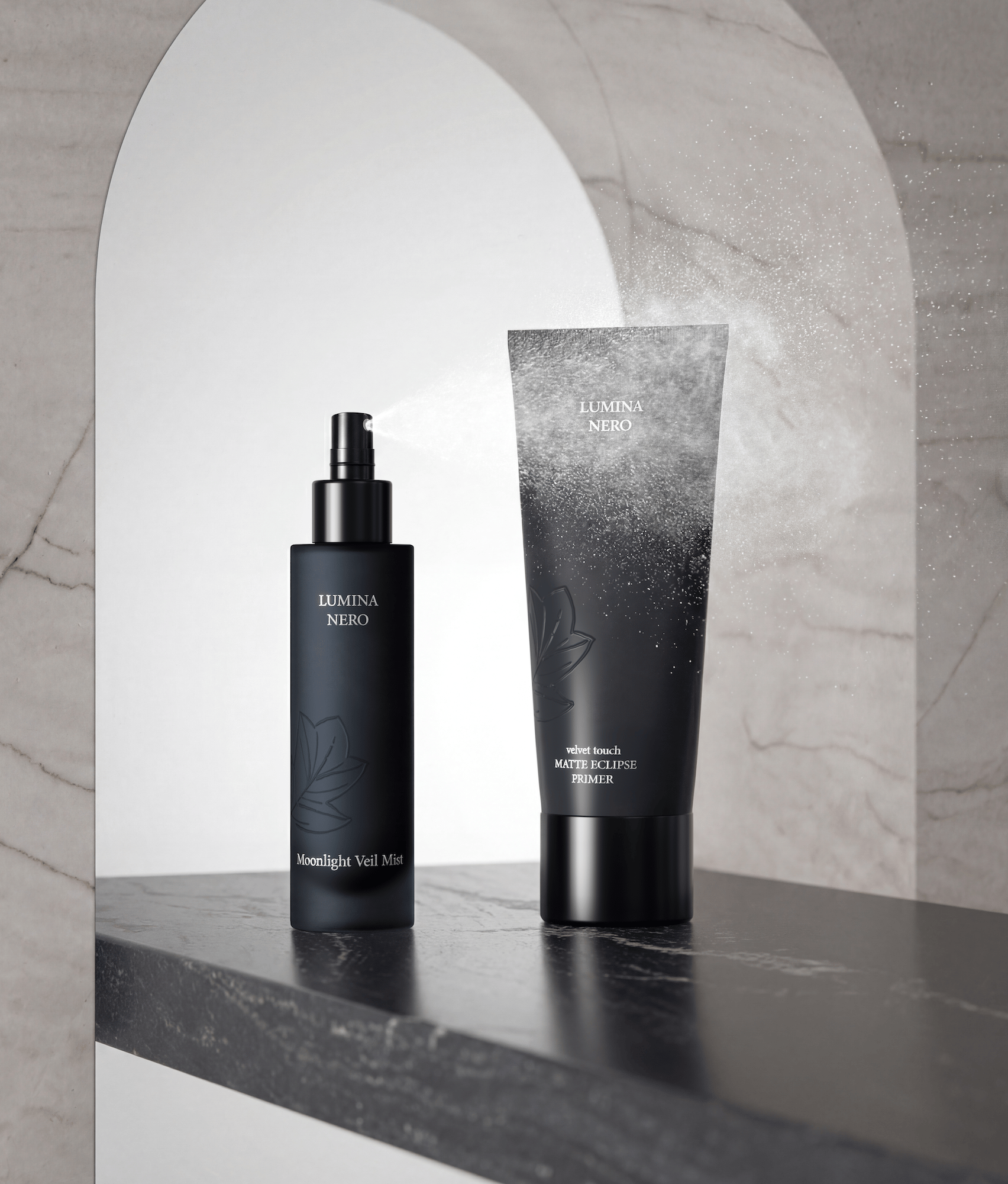 Lumina Nero face mist and matte primer in black packaging with fine spray cloud on dark marble — photorealistic loomobox render