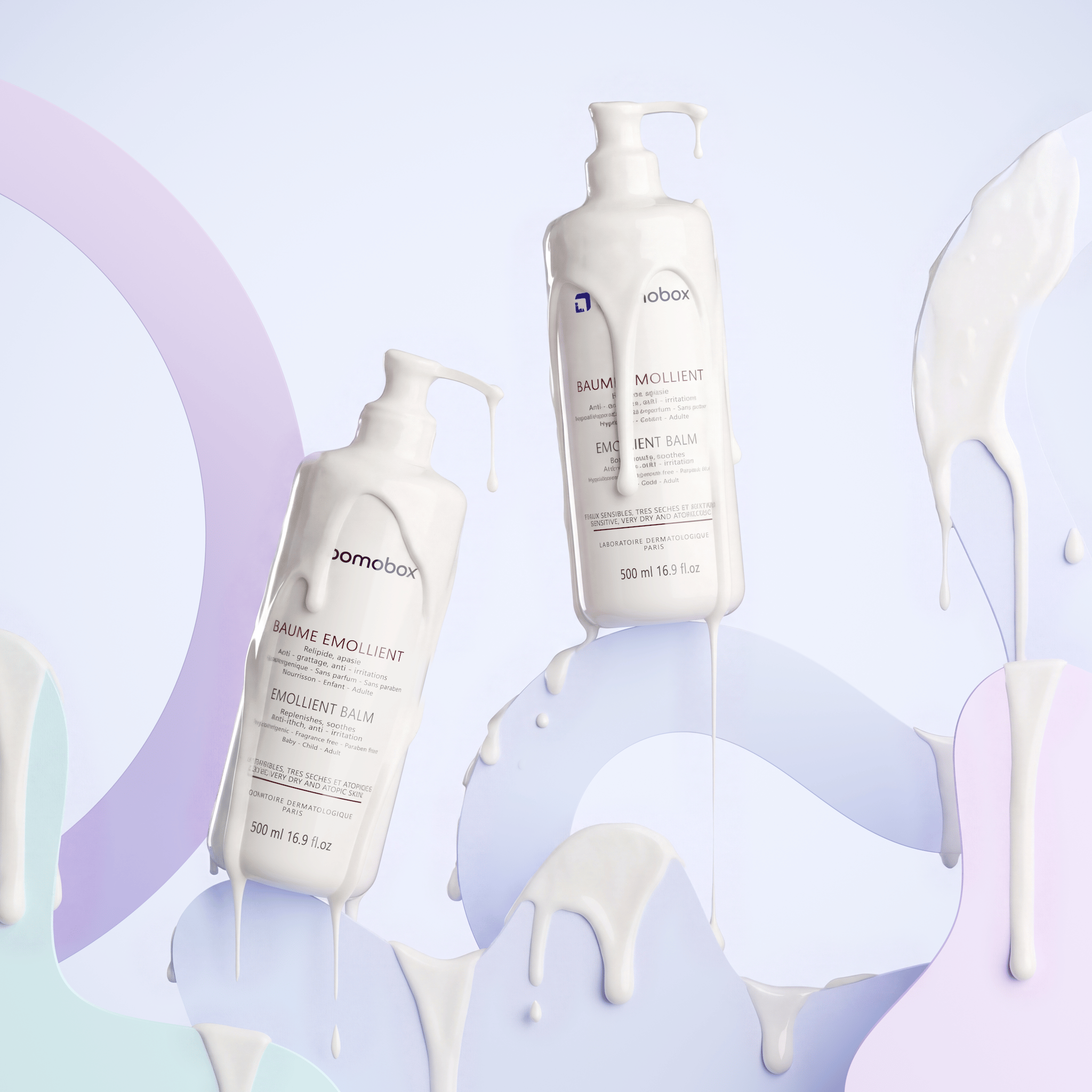 Two emollient balm pump bottles surrounded by dripping cream textures on pastel shapes — AI product visual created with loomobox