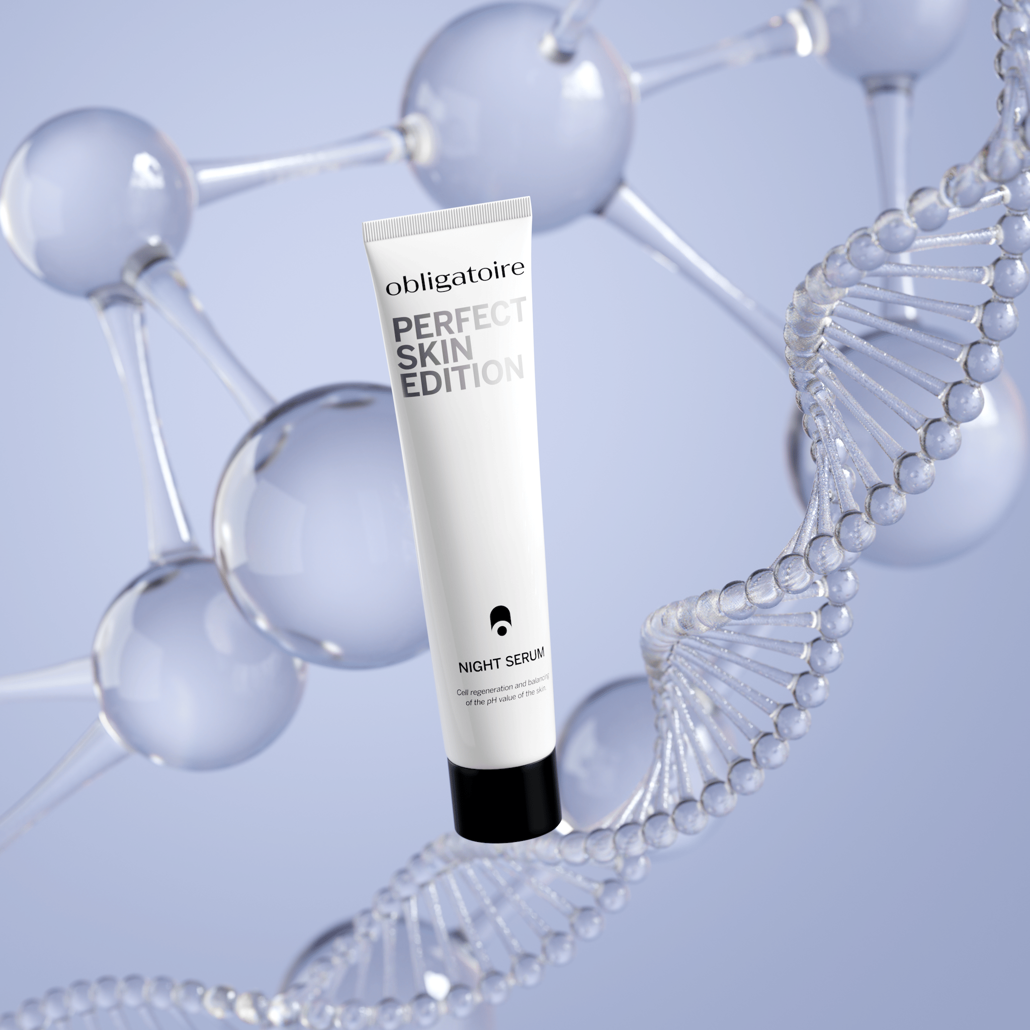 Night serum tube floating in front of a glass DNA helix and molecule models on lilac — science-themed 3D render by loomobox