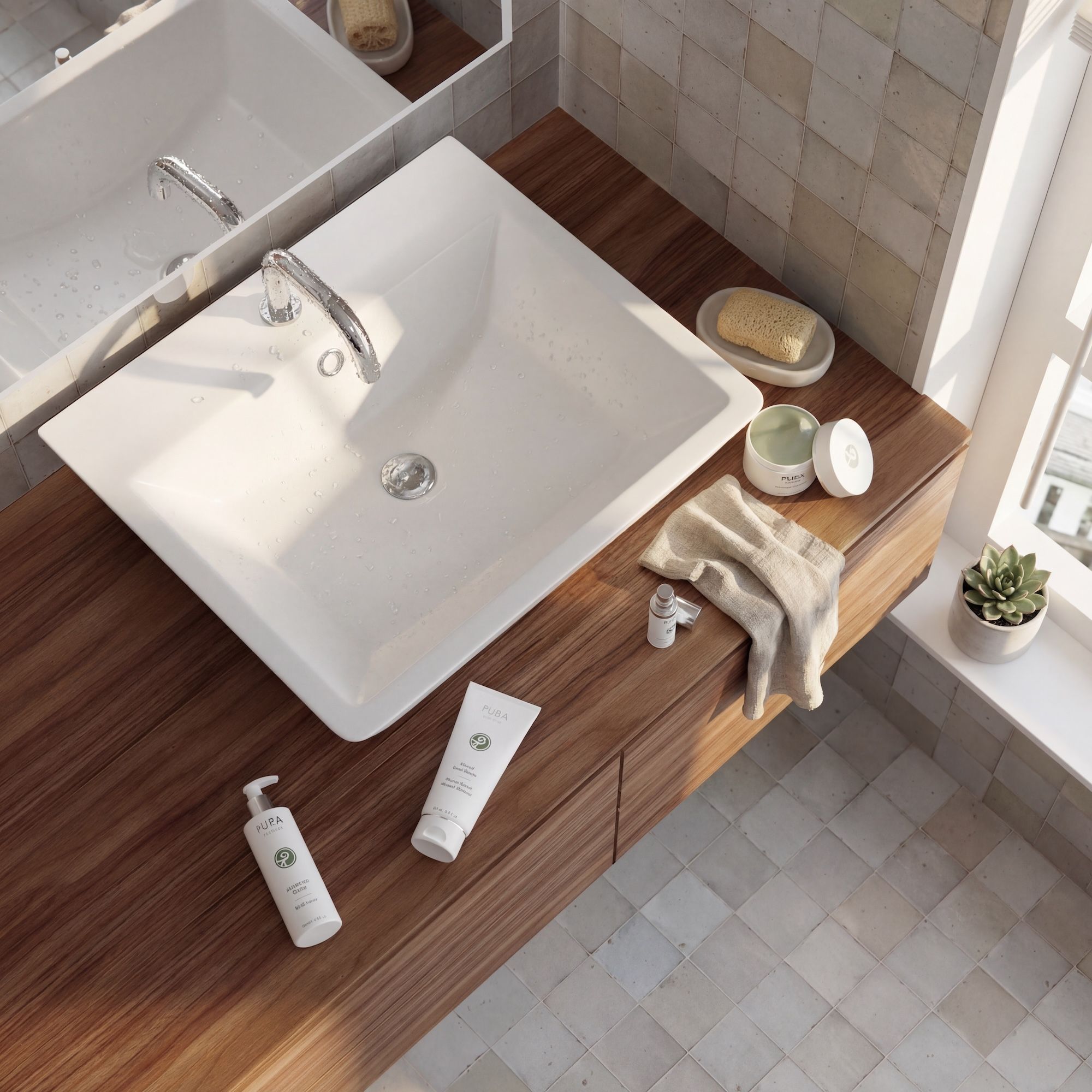 Sunlit bathroom with wooden vanity, white basin and skincare products seen from above — lifestyle scene rendered with loomobox