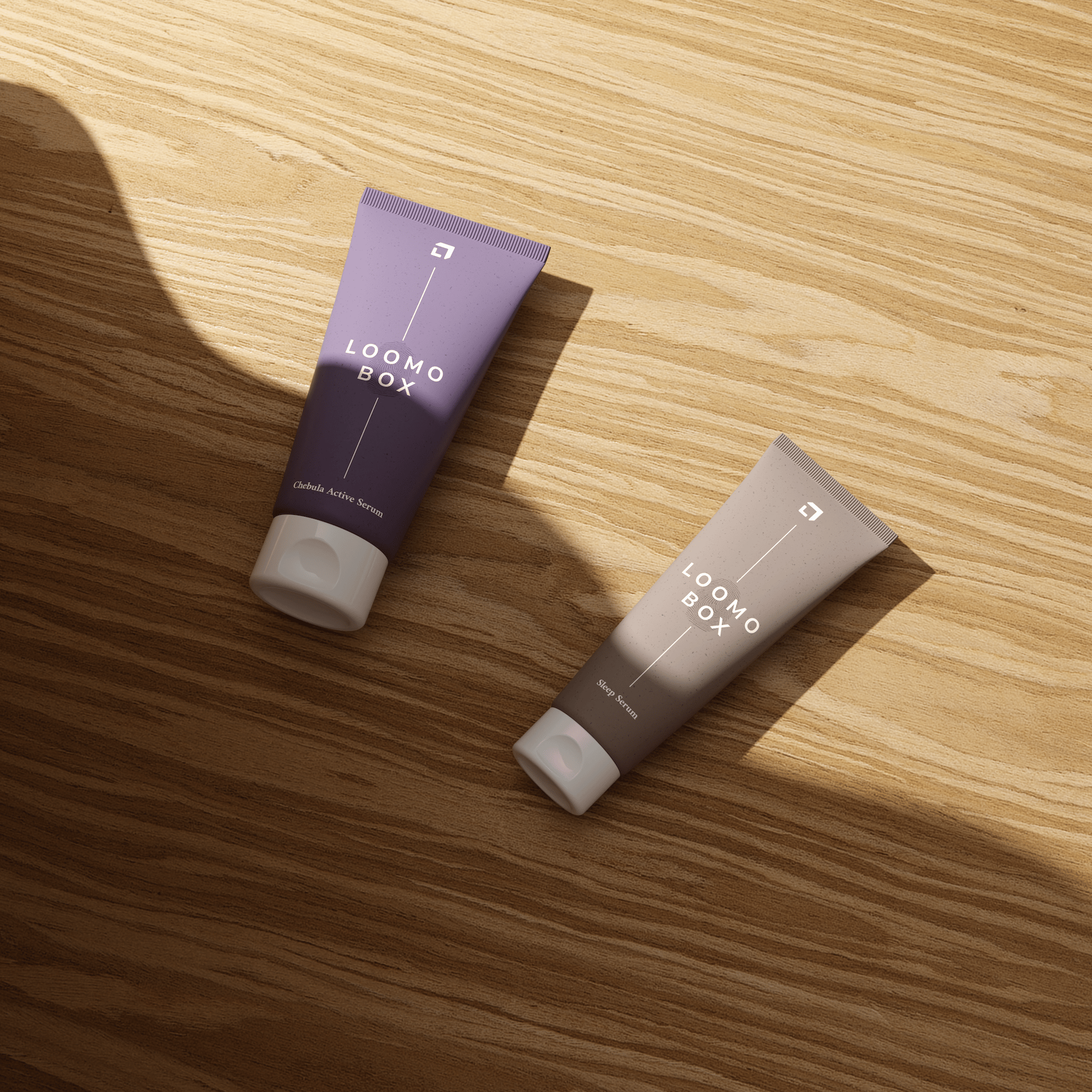 Purple and taupe serum tubes lying on oak wood in warm sunlight with soft shadows — photorealistic loomobox product render