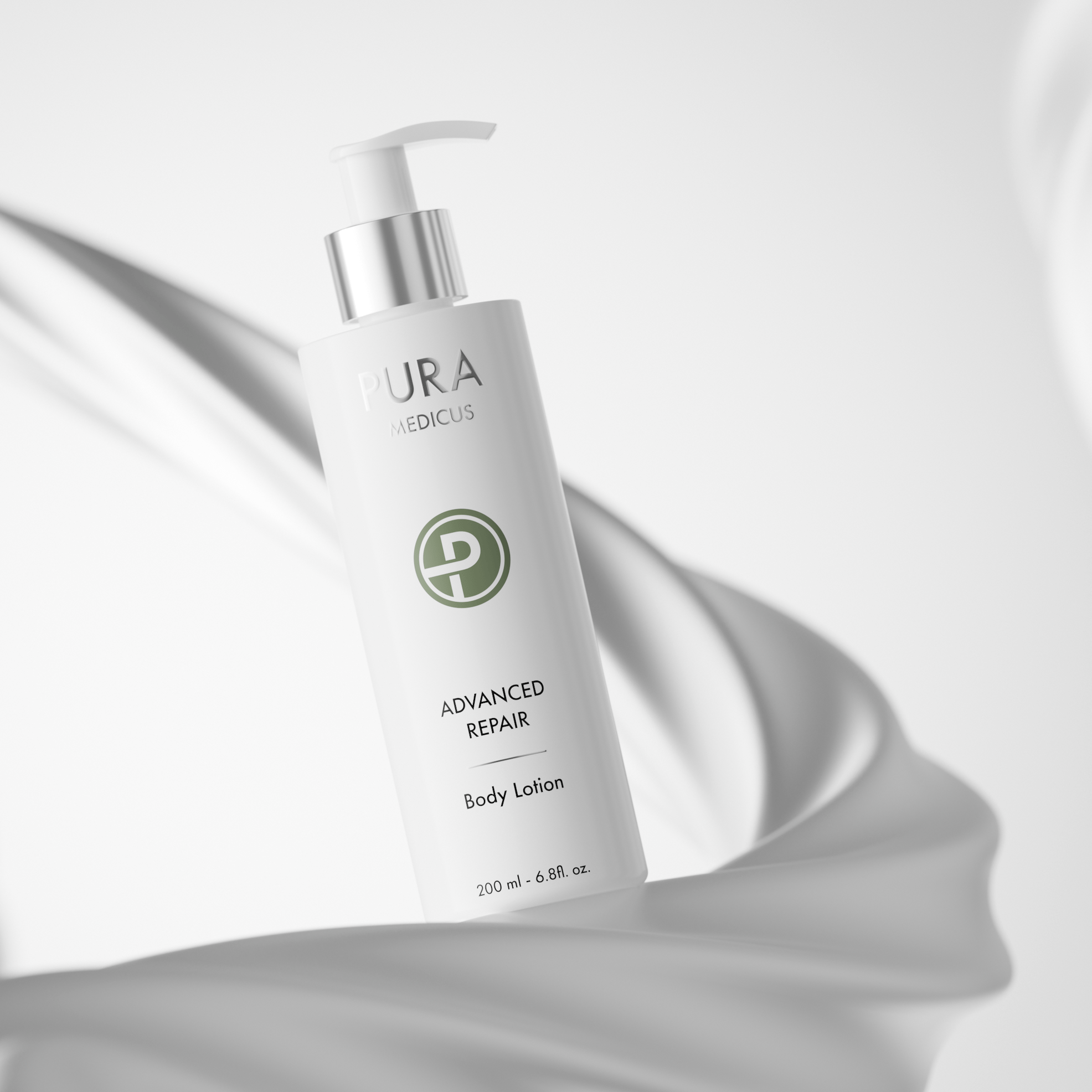 Advanced Repair body lotion pump bottle wrapped in flowing white silk fabric — elegant 3D product shot created with loomobox