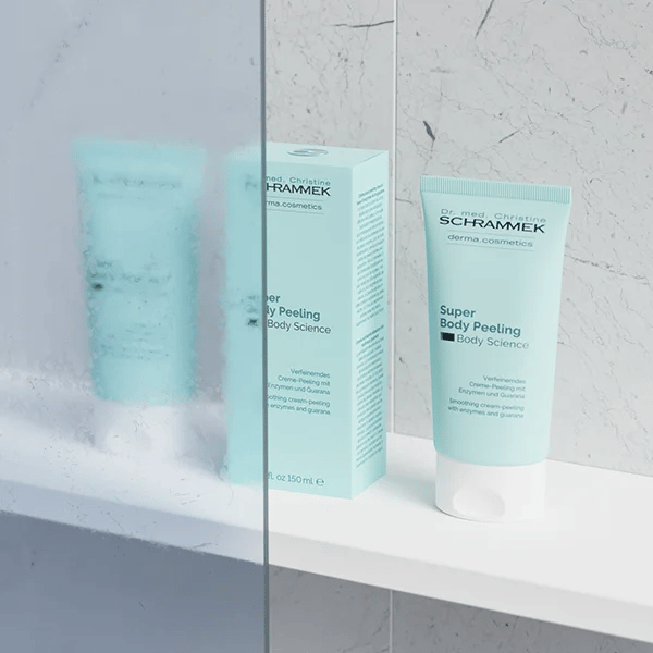 Dr. Schrammek Super Body Peeling tube and packaging on a shelf behind frosted glass, studio scene created with loomobox