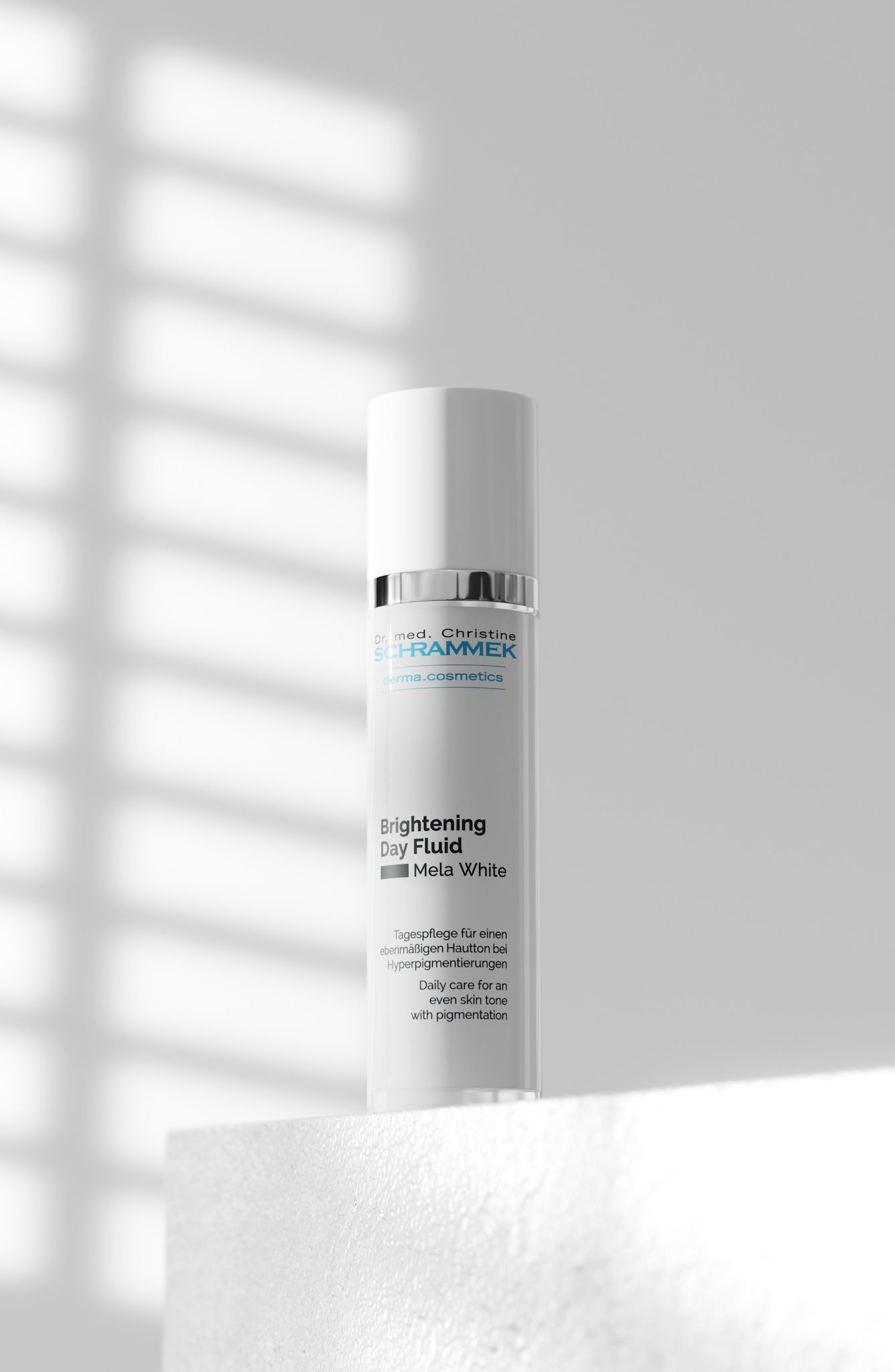 Dr. Schrammek Brightening Day Fluid Mela White dispenser on a white pedestal with soft shadow play — loomobox 3D render