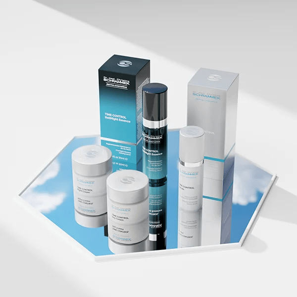 Dr. Schrammek Time Control RetiNight Essence with cream jars and boxes on a mirrored sky platform — AI-generated by loomobox