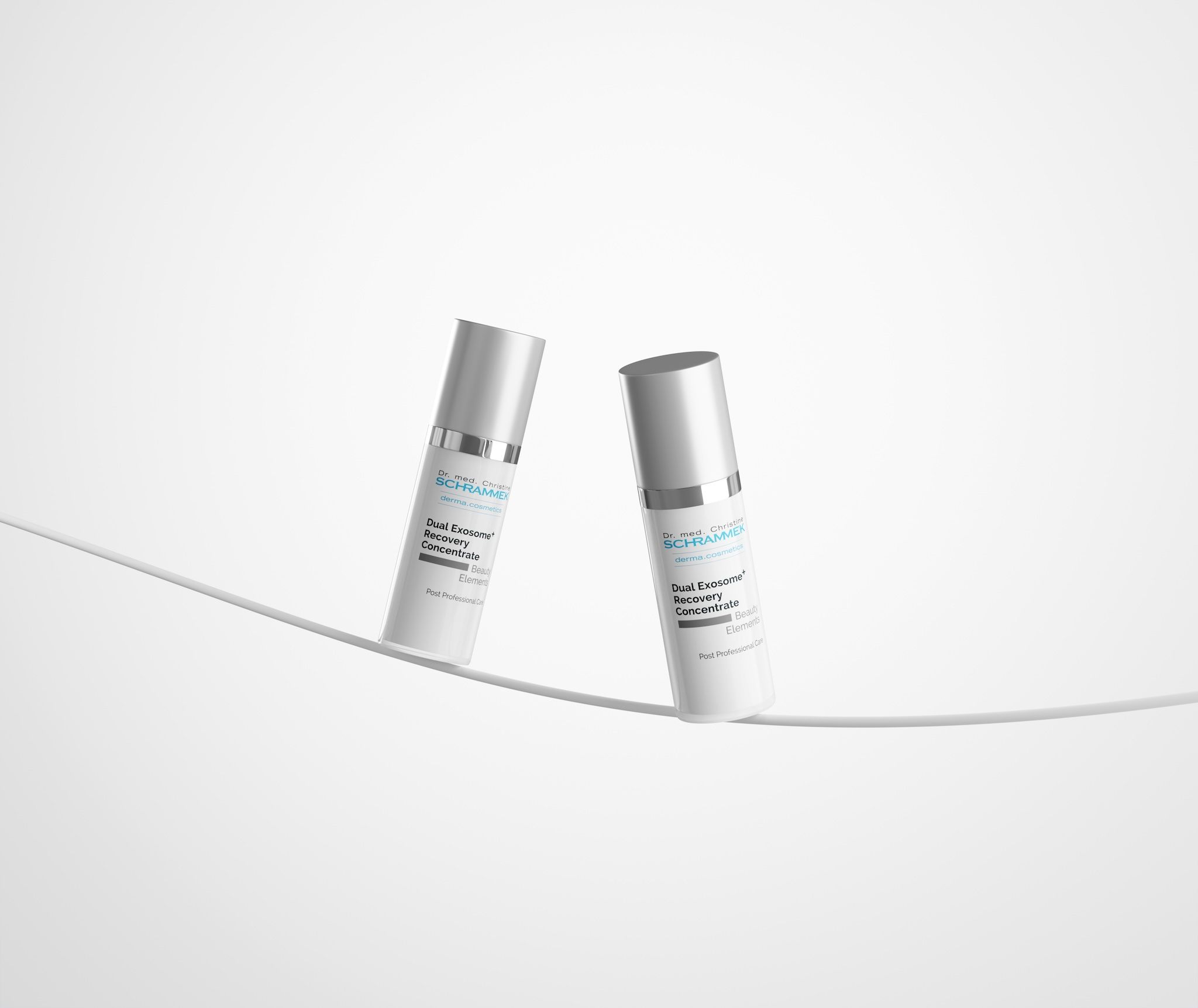 Two Dr. Schrammek Dual Exosome+ Recovery Concentrate dispensers balancing on a fine curved line against a white background