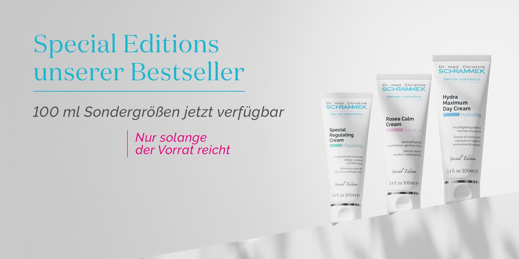 Banner "Special editions of our bestsellers" with Special Regulating Cream, Rosea Calm Cream and Hydra Maximum Day Cream in 100 ml special sizes