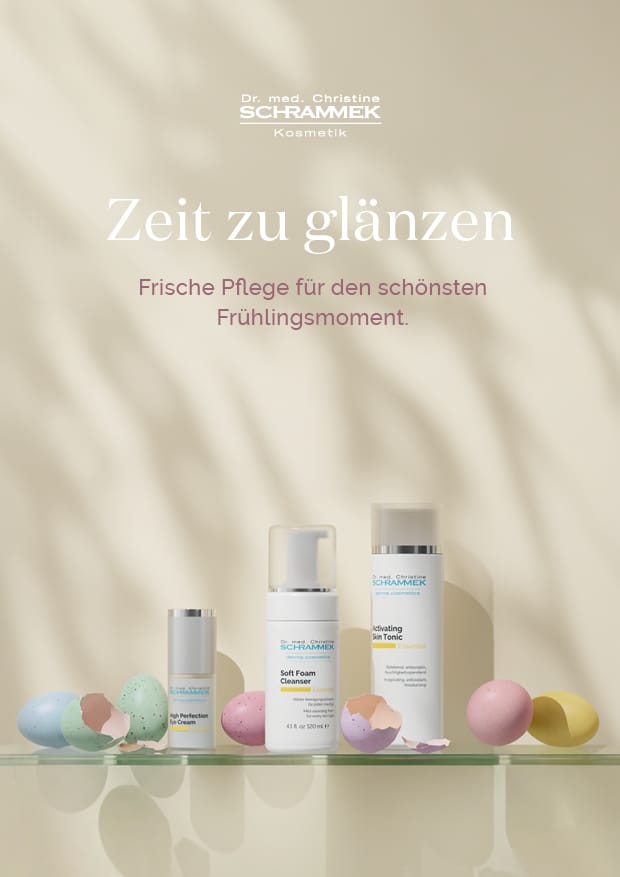 Spring visual "Time to shine" with High Perfection Eye Cream, Soft Foam Cleanser and Activating Skin Tonic on a glass shelf among pastel Easter eggs