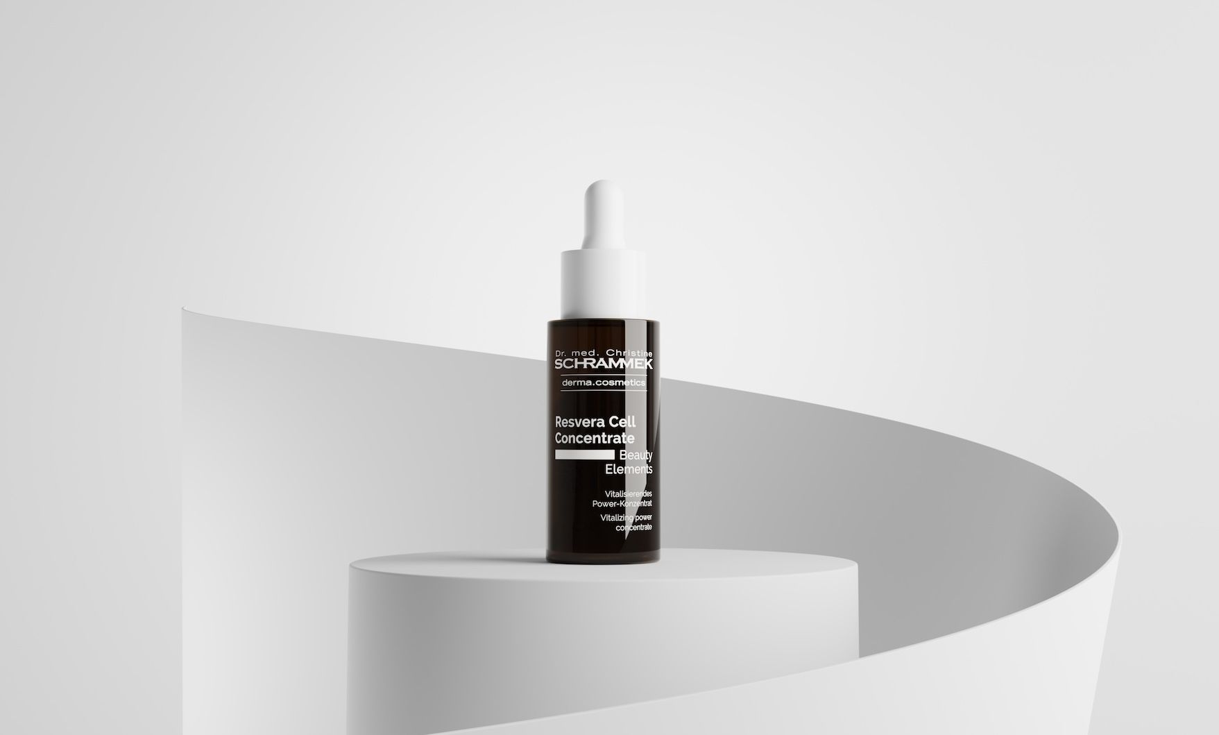 Dr. Schrammek Resvera Cell Concentrate in a brown dropper bottle on a white podium in front of a curved sweep