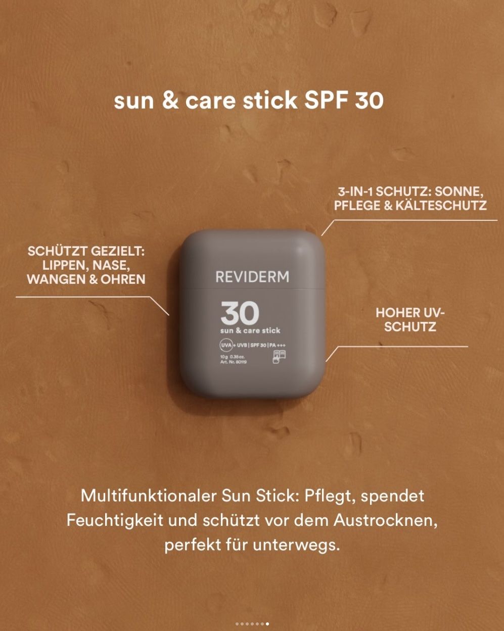 REVIDERM sun & care stick SPF 30 in a grey compact on a terracotta clay background with callouts for targeted protection of lips, nose, cheeks and ears and 3-in-1 sun, care and cold protection