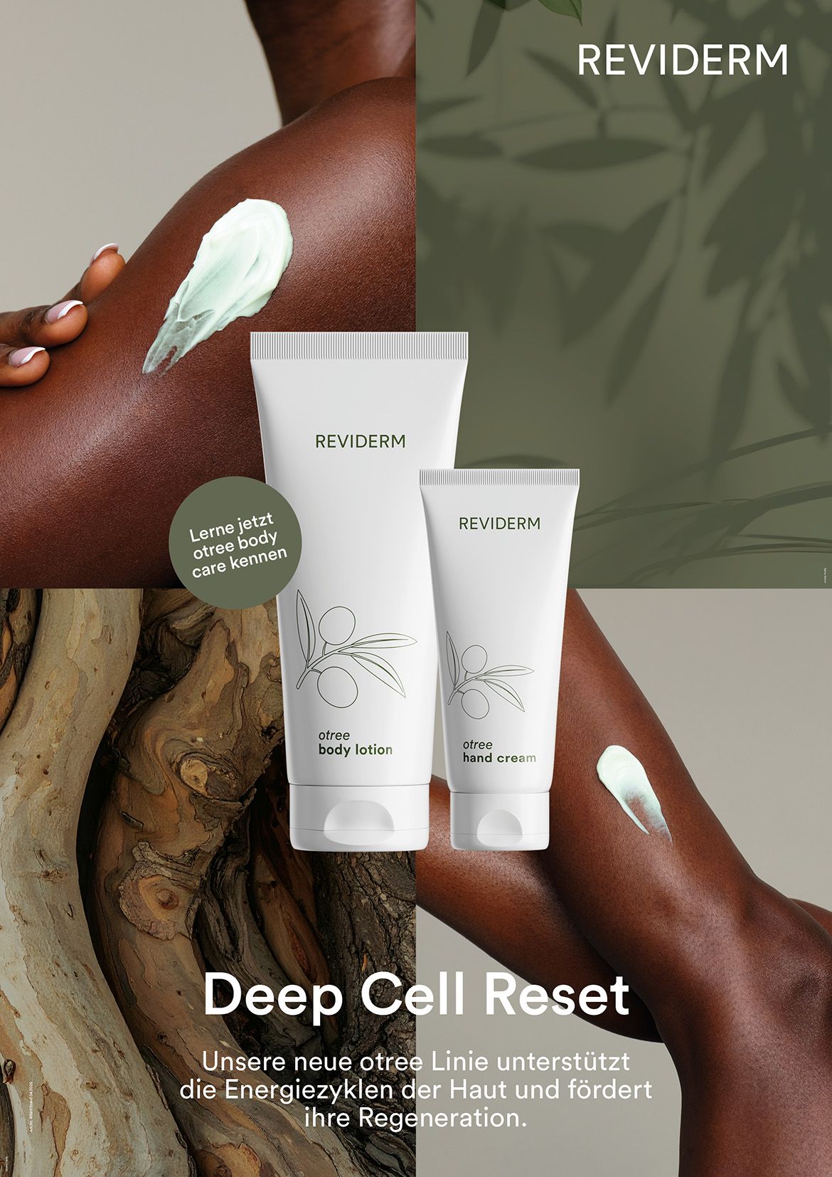 REVIDERM otree body lotion and hand cream tubes from the Deep Cell Reset line between skin shots with green cream swatches and tree bark