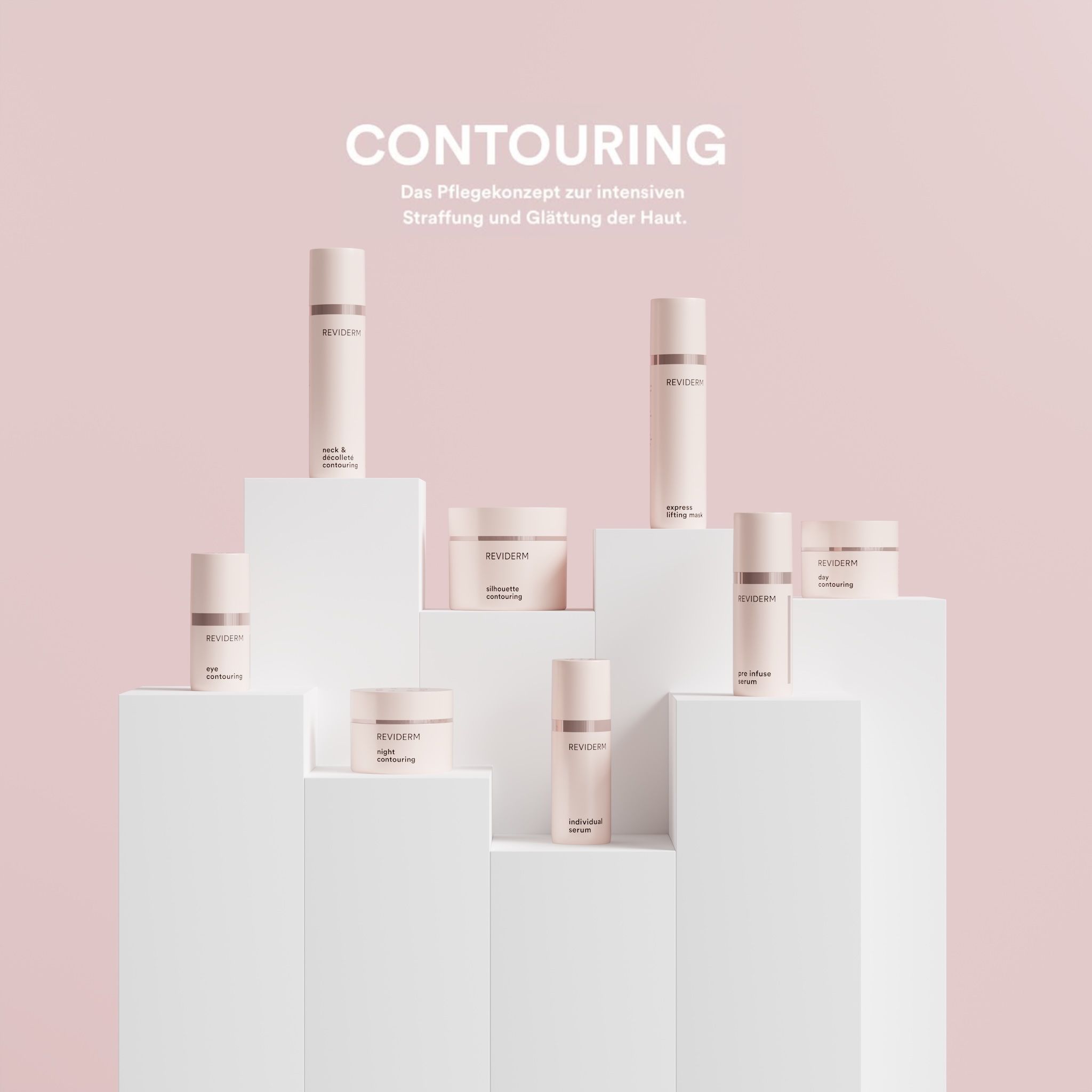 REVIDERM contouring care line with eye, neck & décolleté, silhouette, night and day contouring, express lifting mask and serums on white pedestals against pink — "Contouring"