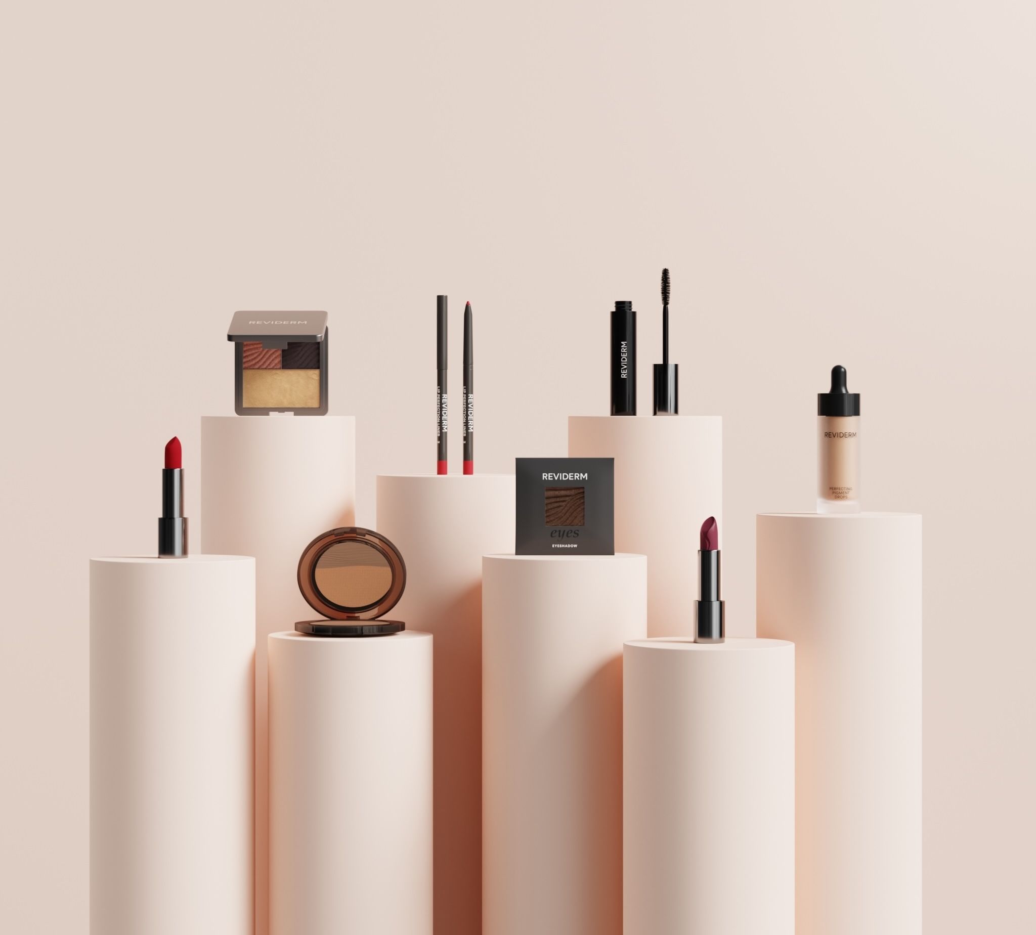 REVIDERM make-up collection with eyeshadow palette, lipsticks, lip liners, mascara, bronzer and perfecting pigment drops on beige pillars