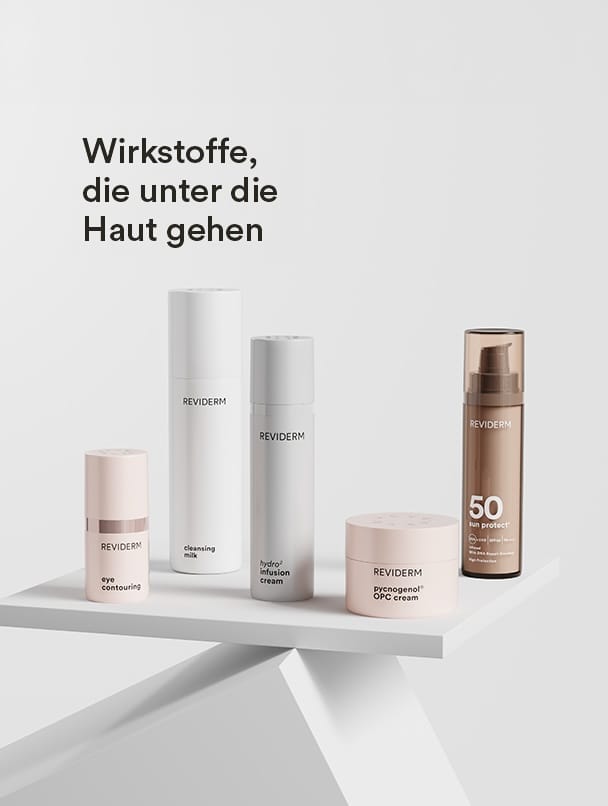 REVIDERM skincare line with eye contouring, cleansing milk, hydro infusion cream, pycnogenol OPC cream and sun protect 50 on a white table — "Active ingredients that go under the skin"