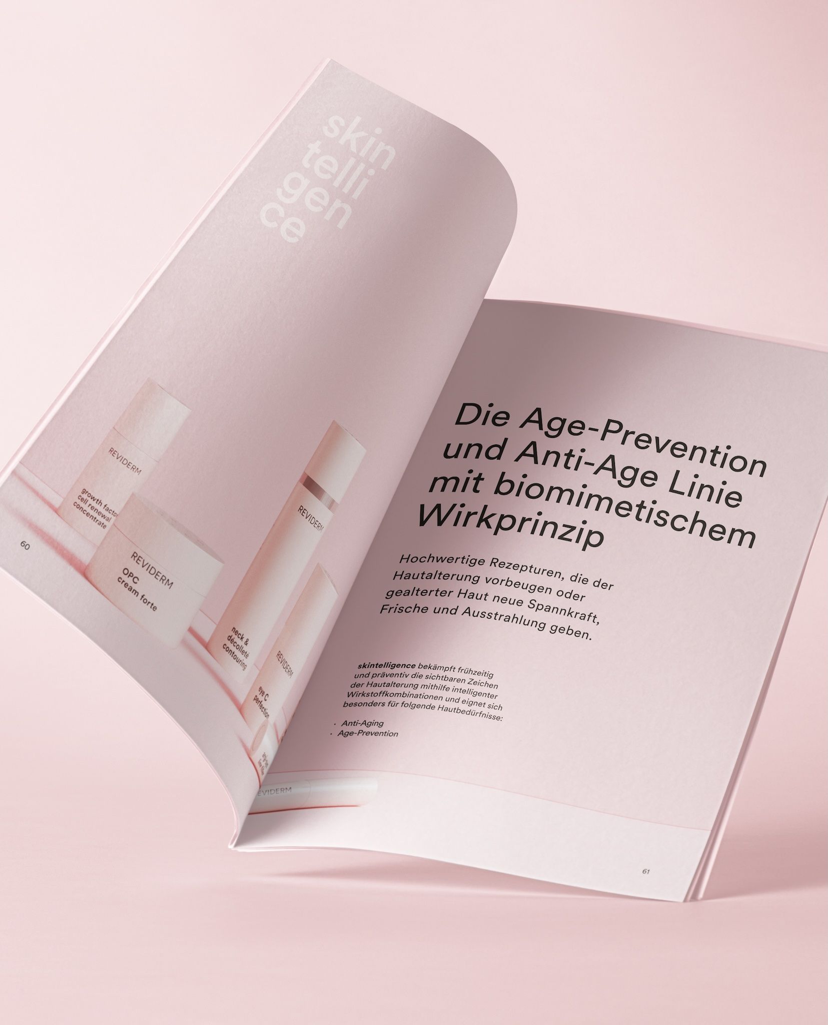 Open REVIDERM skintelligence brochure on a pink background presenting the age-prevention and anti-age line with biomimetic active principle