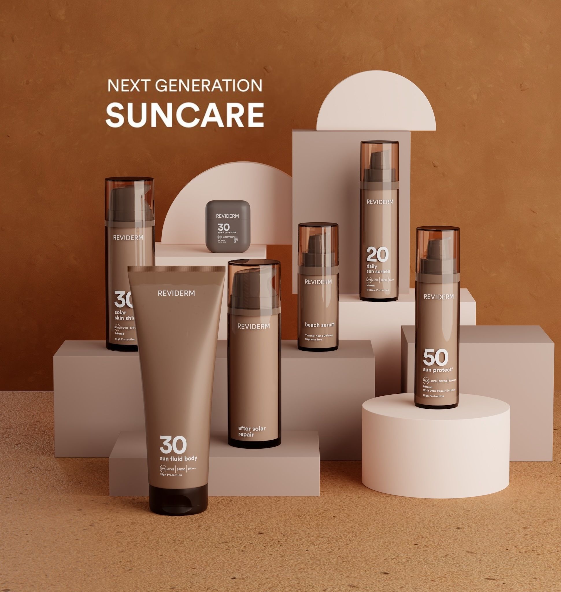 REVIDERM suncare range with sun fluid body, solar skin shield, after solar repair, beach serum, daily sun screen, sun protect 50 and sun & care stick on beige podiums against terracotta — "Next generation suncare"