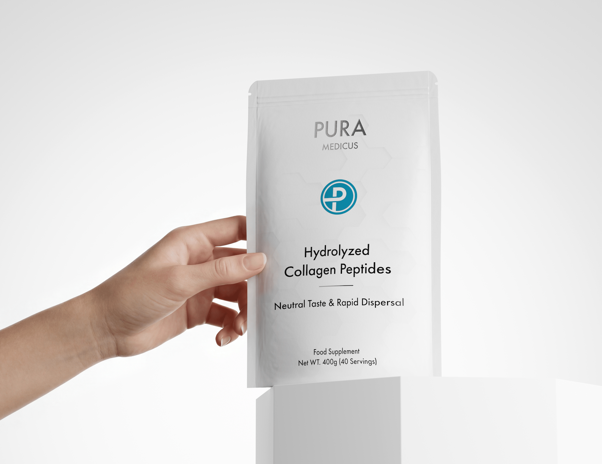 Hand reaching for a PURA Medicus hydrolyzed collagen peptides pouch on a white pedestal — 3D render created with loomobox