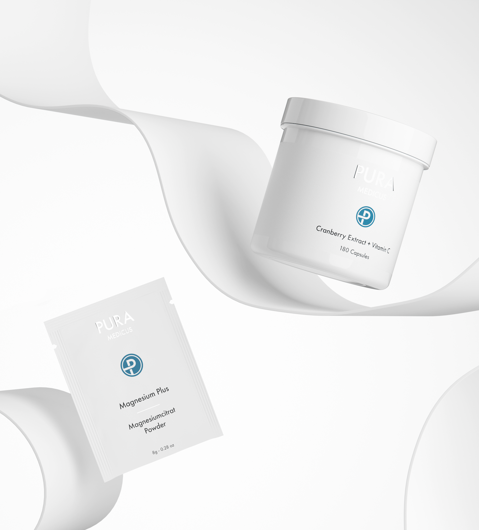 Cranberry extract capsule jar and magnesium powder sachet floating among white ribbons — airy 3D visual from loomobox