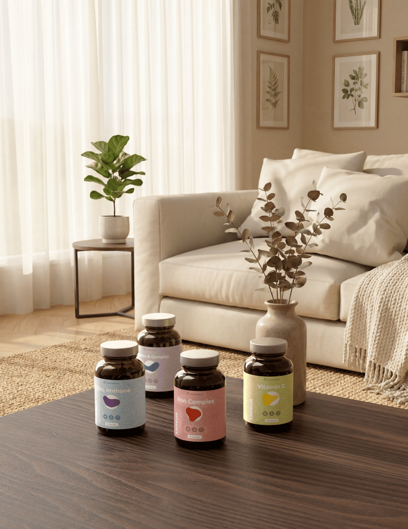 Four colourful vitamin supplement jars on a wooden coffee table in a cozy living room — lifestyle render made with loomobox