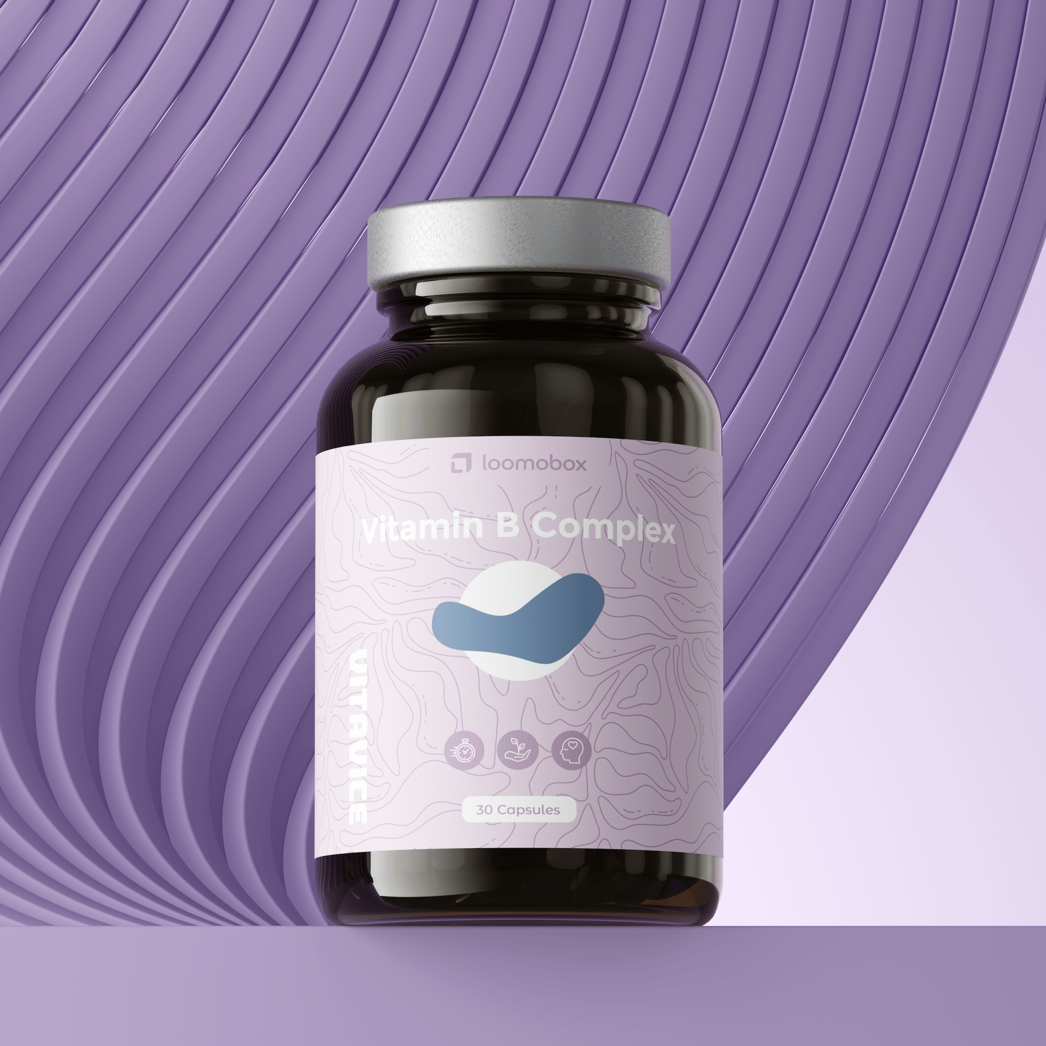 Vitamin B Complex capsules in an amber glass jar against a sculpted purple backdrop — studio shot generated with loomobox