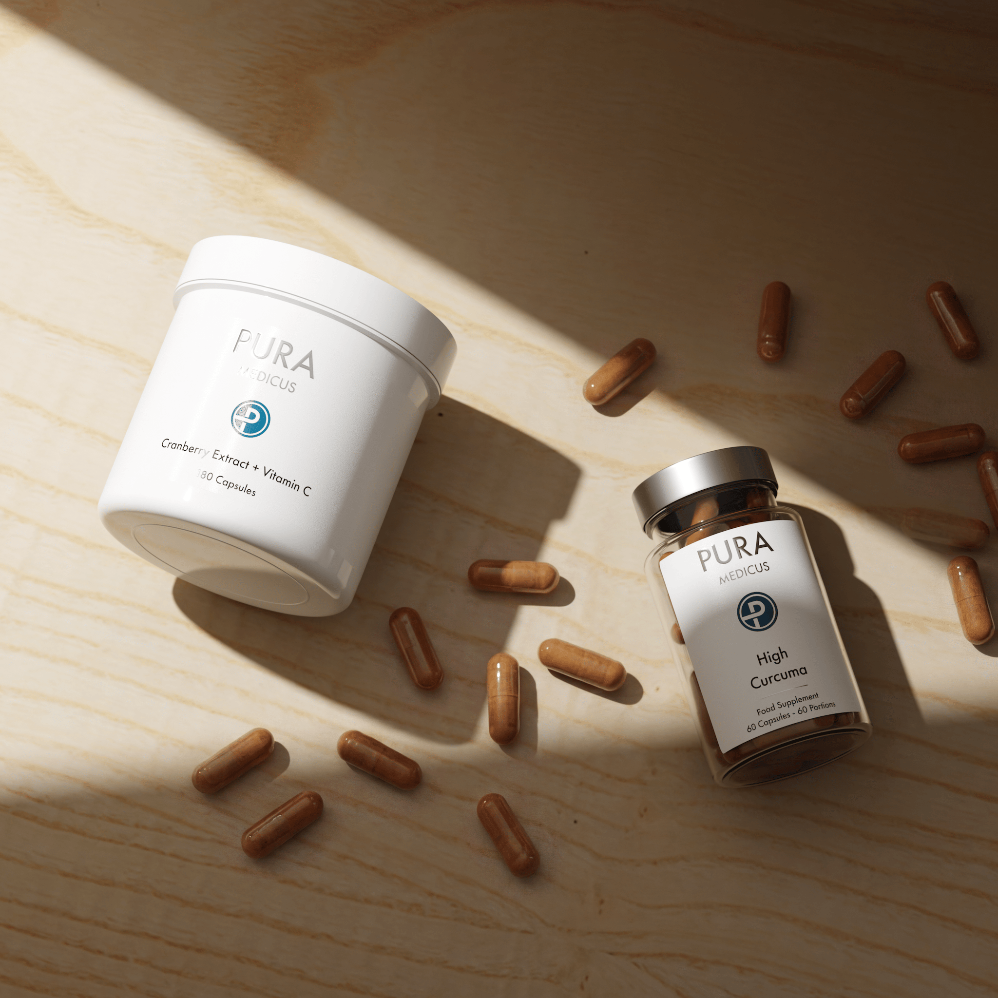 High Curcuma capsules scattered on light wood beside PURA Medicus jars in warm sunlight — 3D product scene by loomobox
