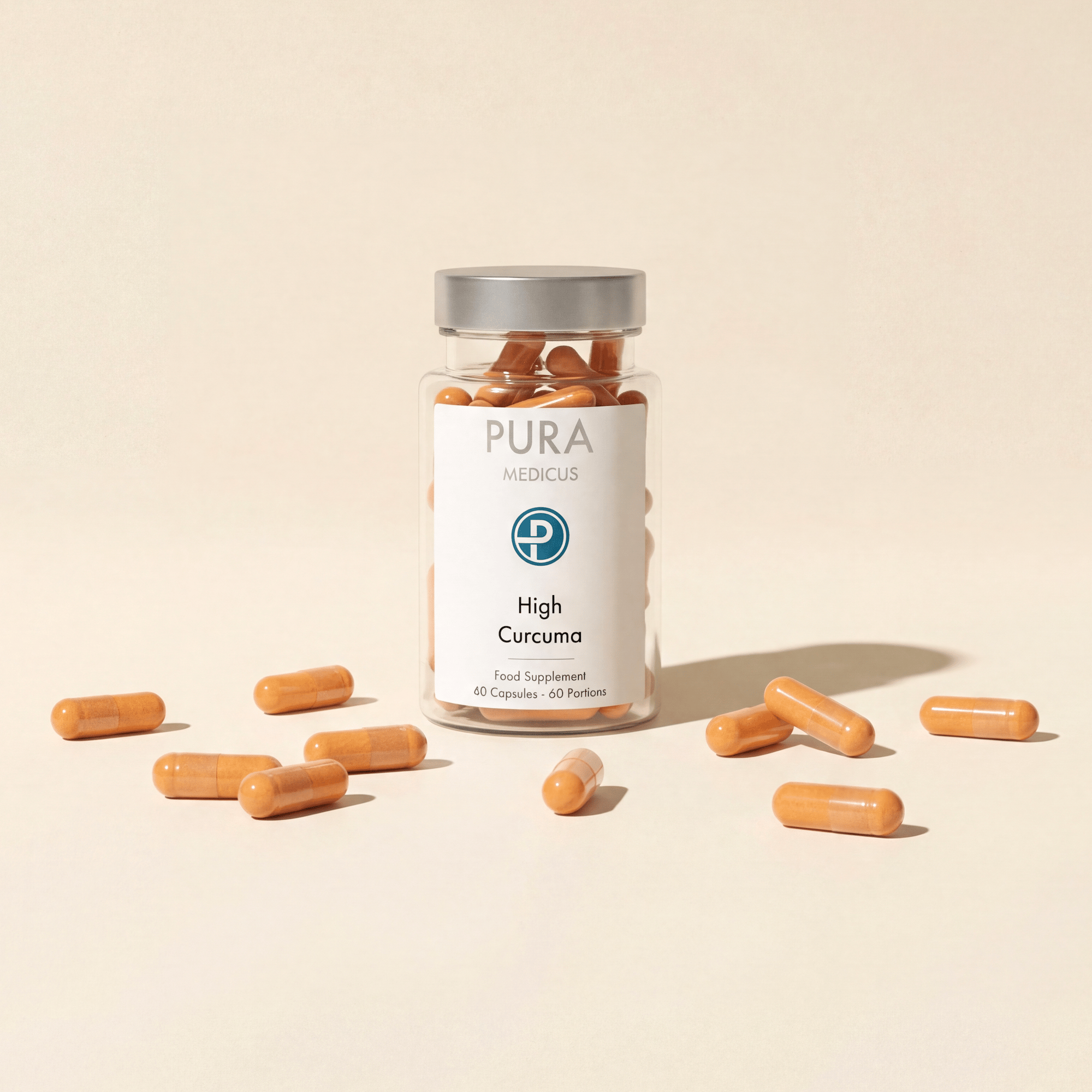 High Curcuma supplement jar with orange capsules scattered on a cream surface — photorealistic loomobox product render