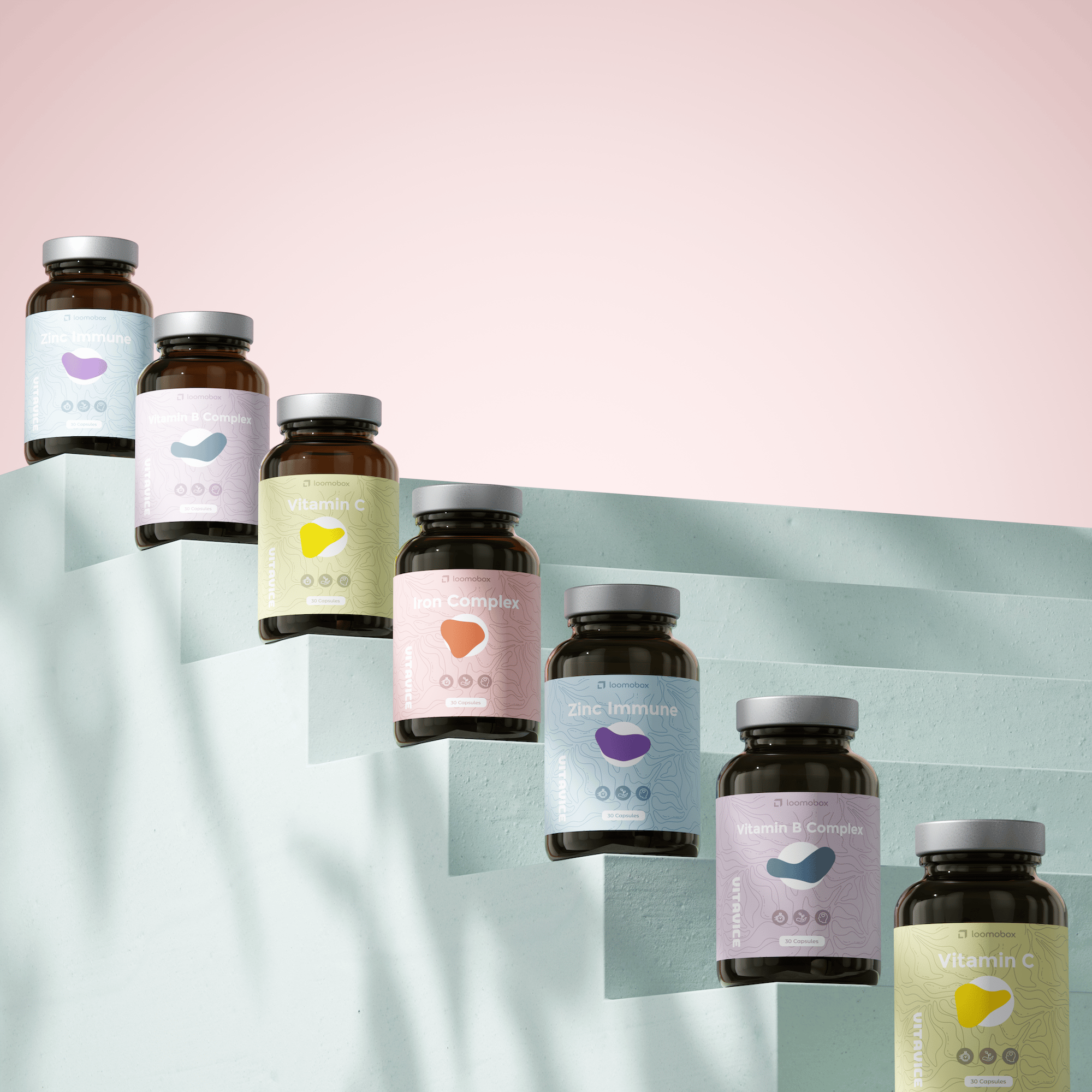 Amber vitamin jars with pastel labels staggered on mint-green steps against pink — playful studio set built with loomobox