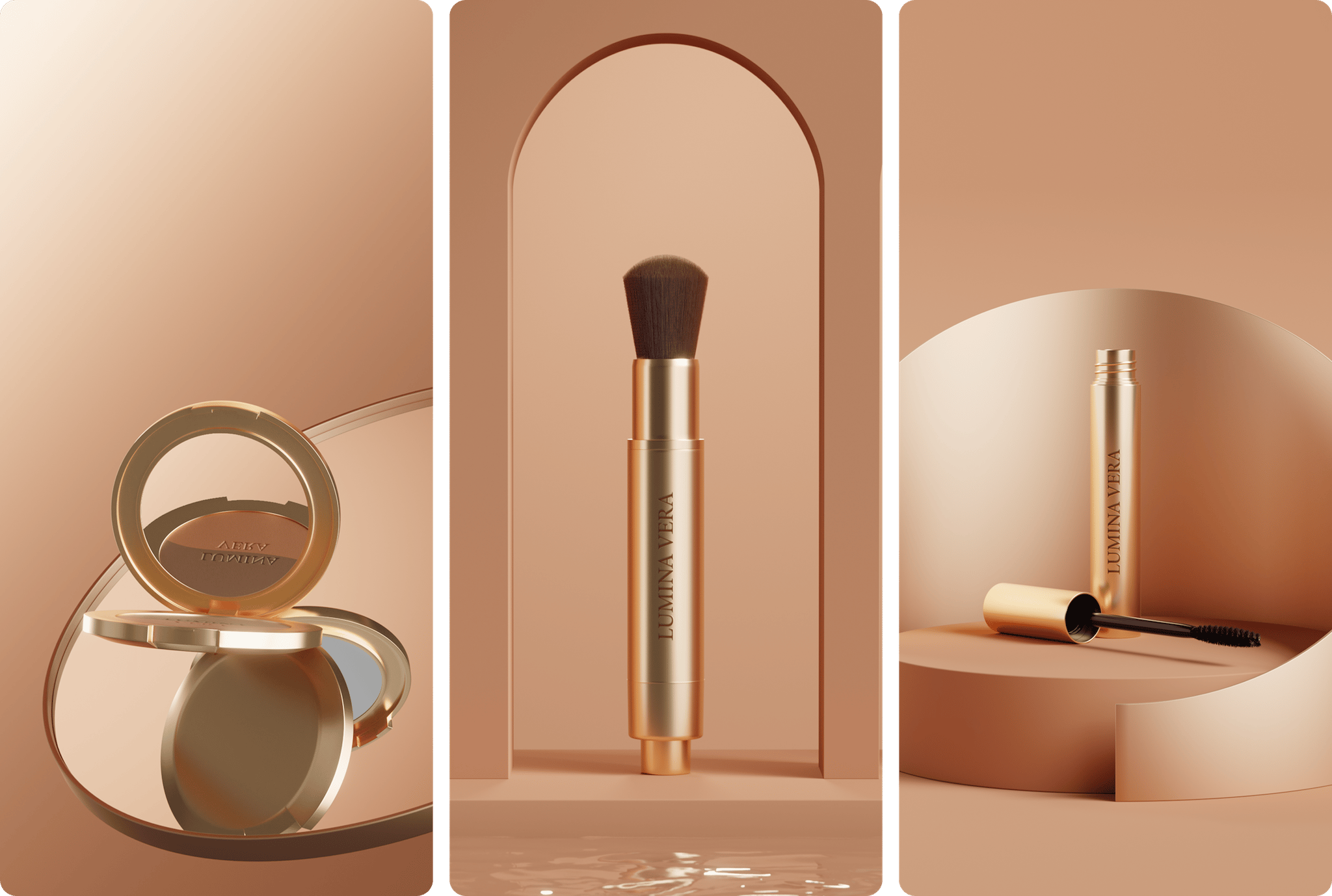 Three studio scenes of gold makeup products: compact powder, brush and mascara, AI-generated with loomobox