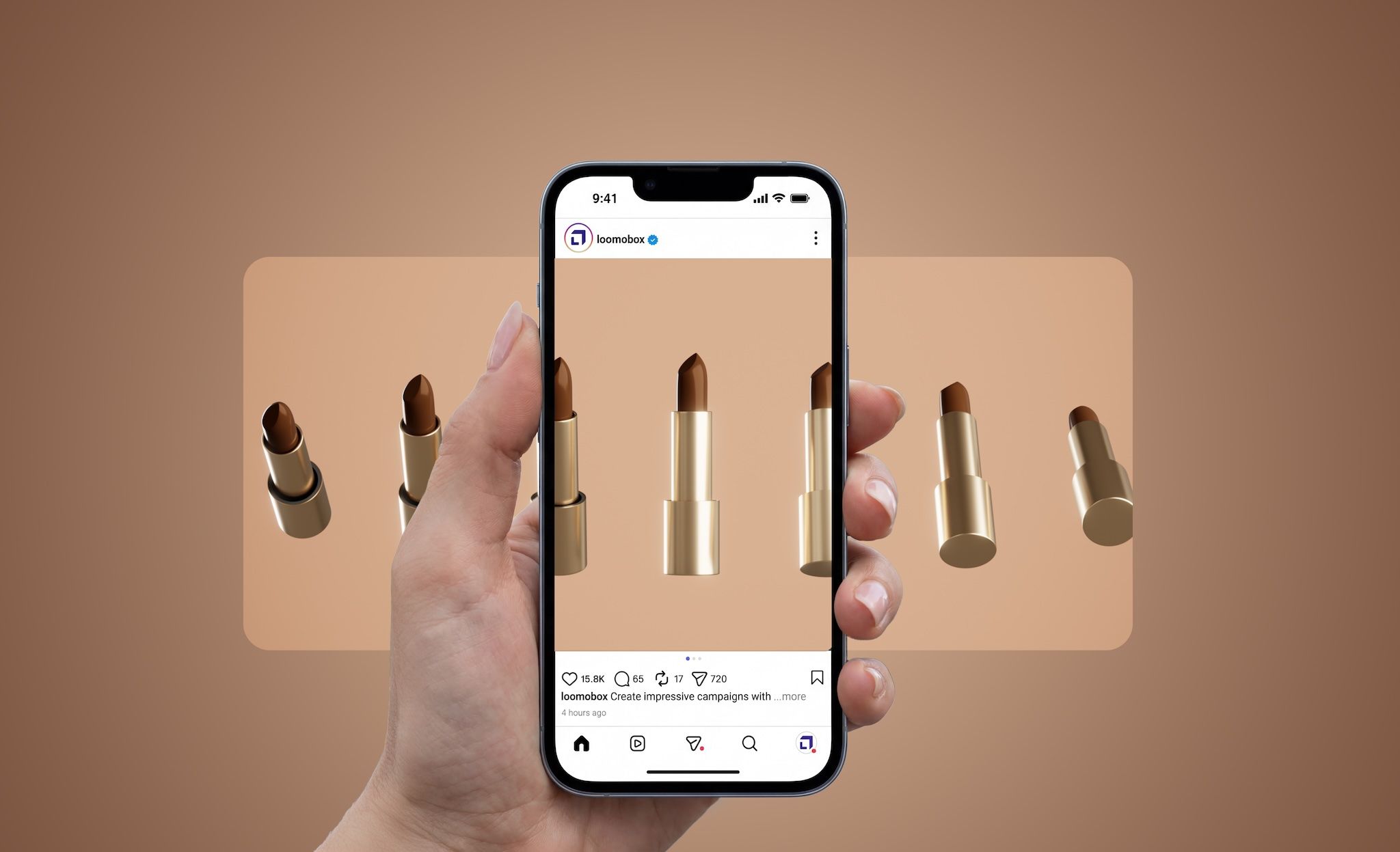 Hand holding a phone with an Instagram post of gold lipsticks rendered with the loomobox platform