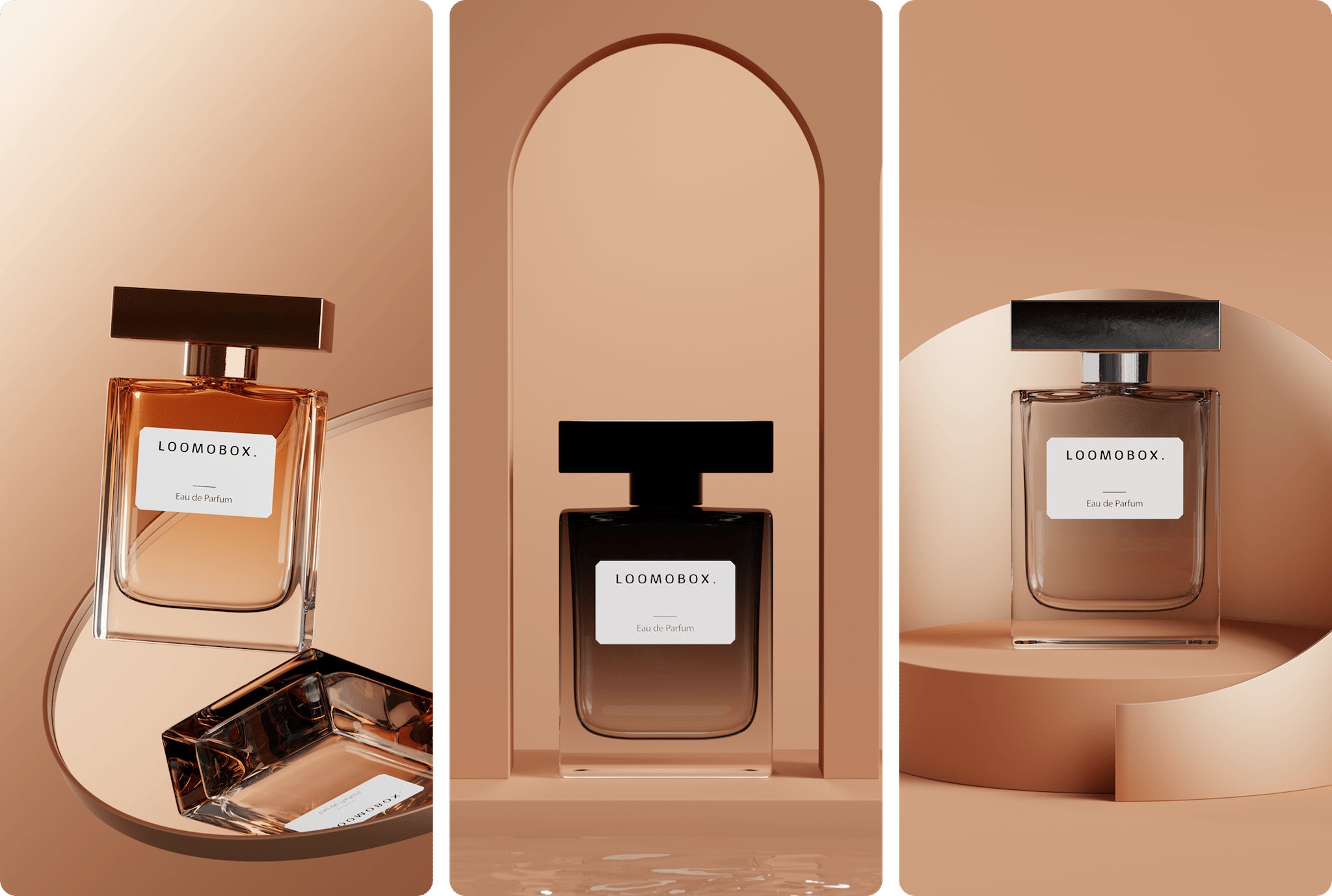 Three perfume bottle scenes in warm terracotta settings with mirror, arch and podium, AI-generated with loomobox