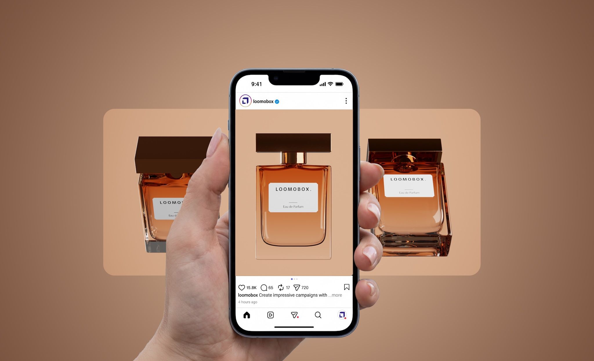 Hand holding a phone with an Instagram post of perfume flacons rendered on the loomobox platform