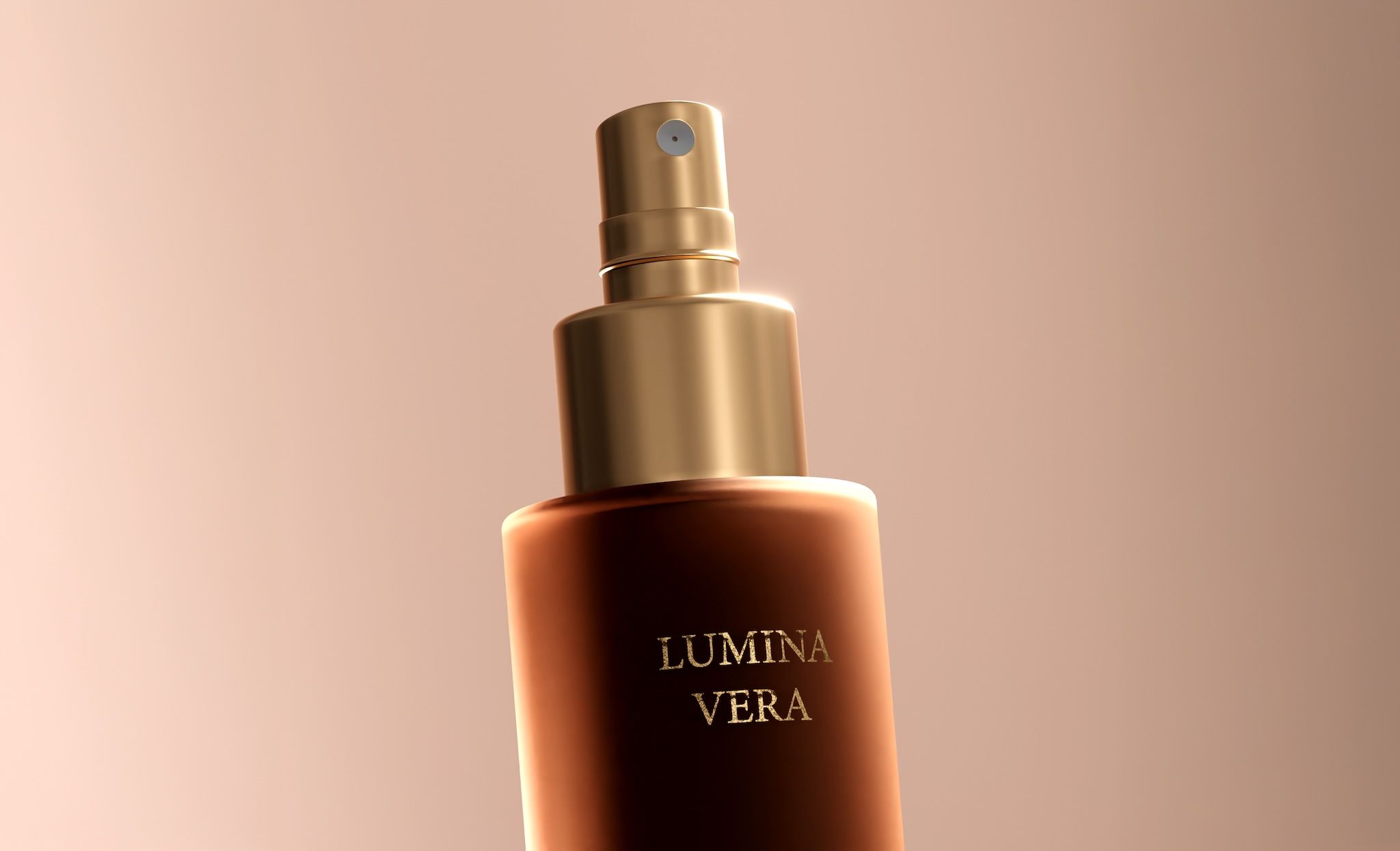 Close-up of a Lumina Vera spray bottle with gold pump on a beige backdrop — photorealistic skincare render created with loomobox