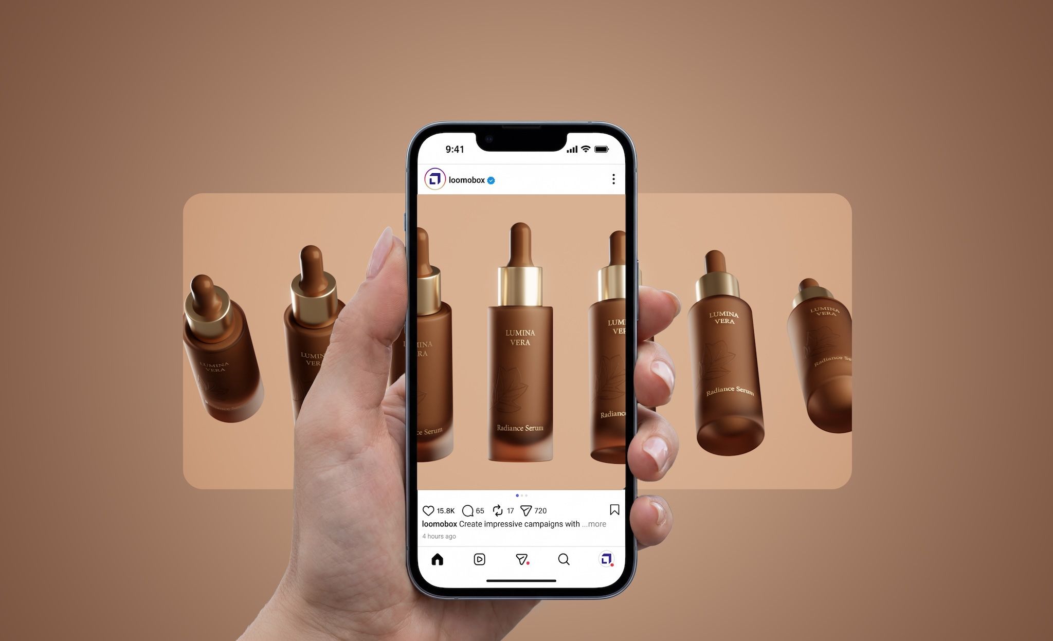 Smartphone in hand showing an Instagram post with rendered Lumina Vera serum bottles — social media content created with loomobox