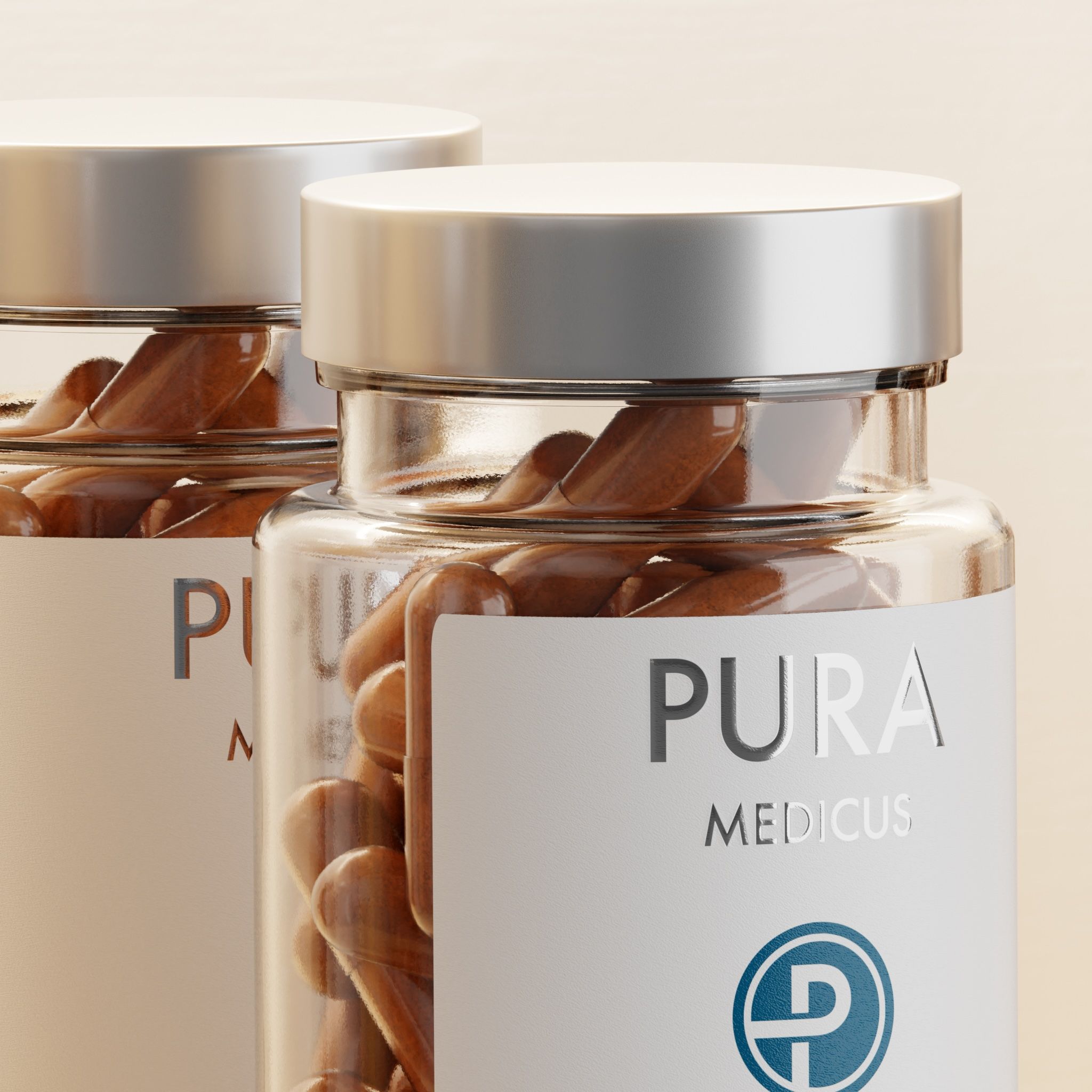 Close-up of PURA Medicus supplement jars filled with brown capsules, silver lids gleaming — photorealistic render from loomobox