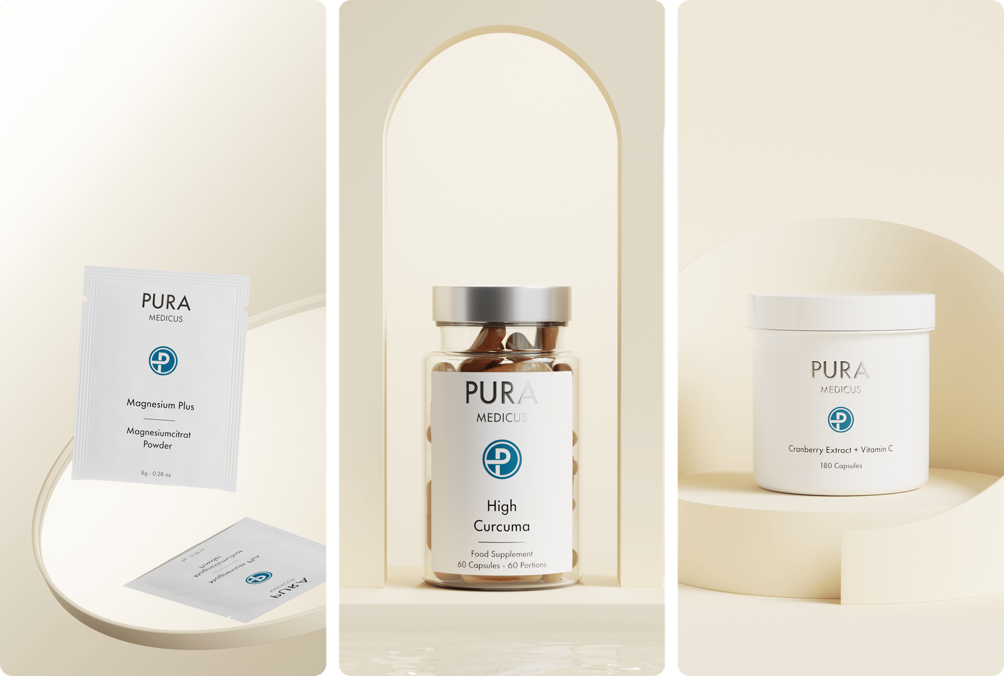Three cream-toned scenes with PURA Medicus magnesium sachets, curcuma capsules and vitamin jar — supplement visuals rendered with loomobox