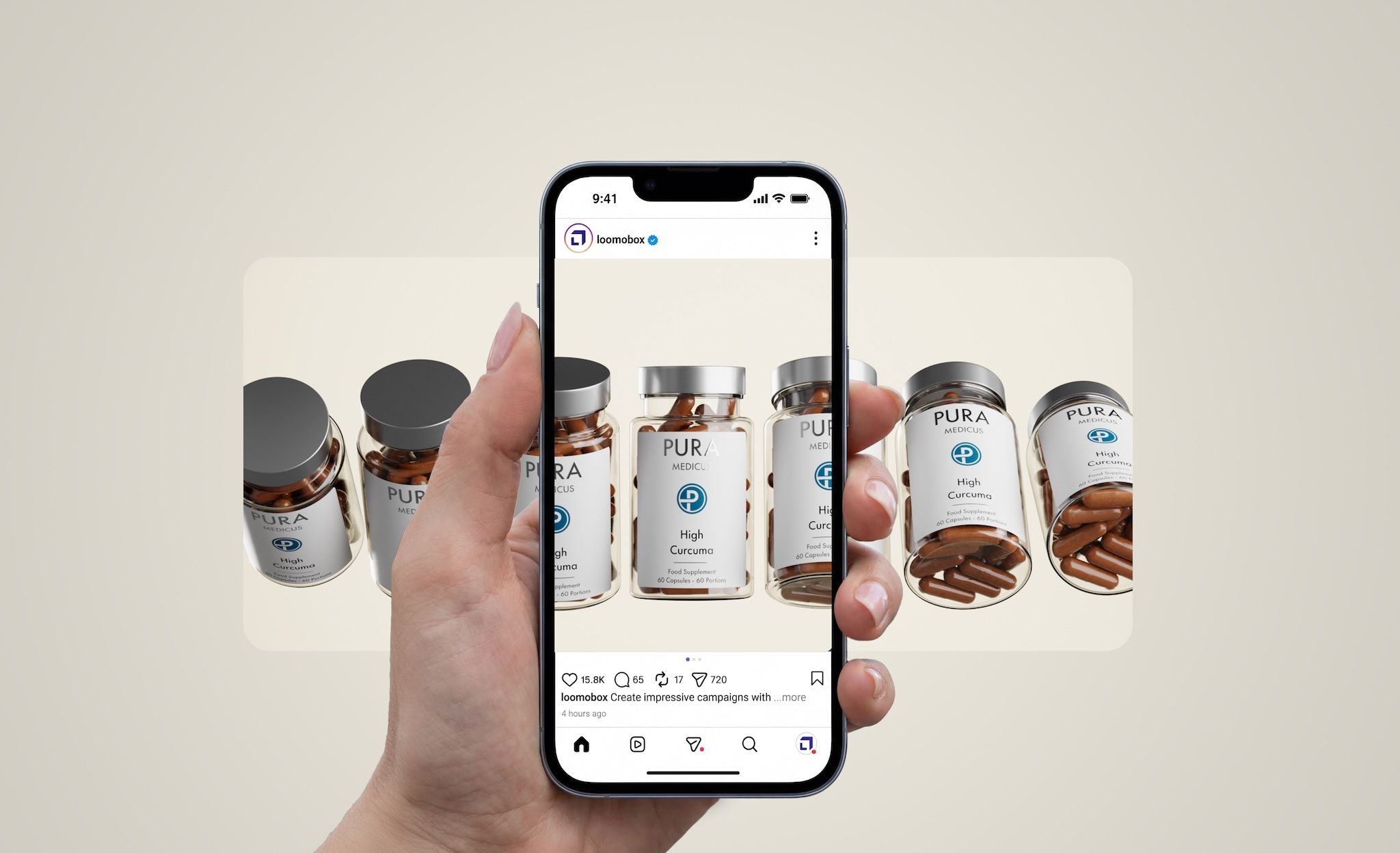 Hand holding a phone with an Instagram carousel of rendered supplement jars — social content created on the loomobox platform